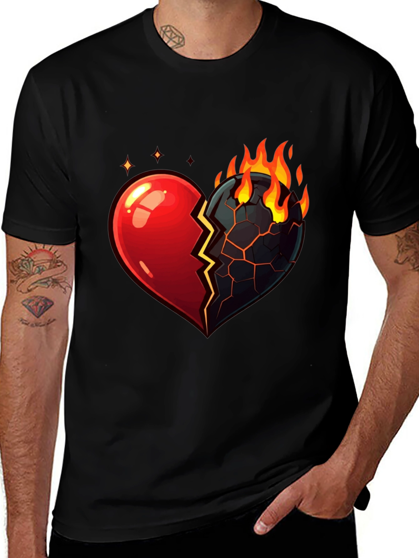 Variant 17 of Fiery Broken Heart Graphic Tee - Black