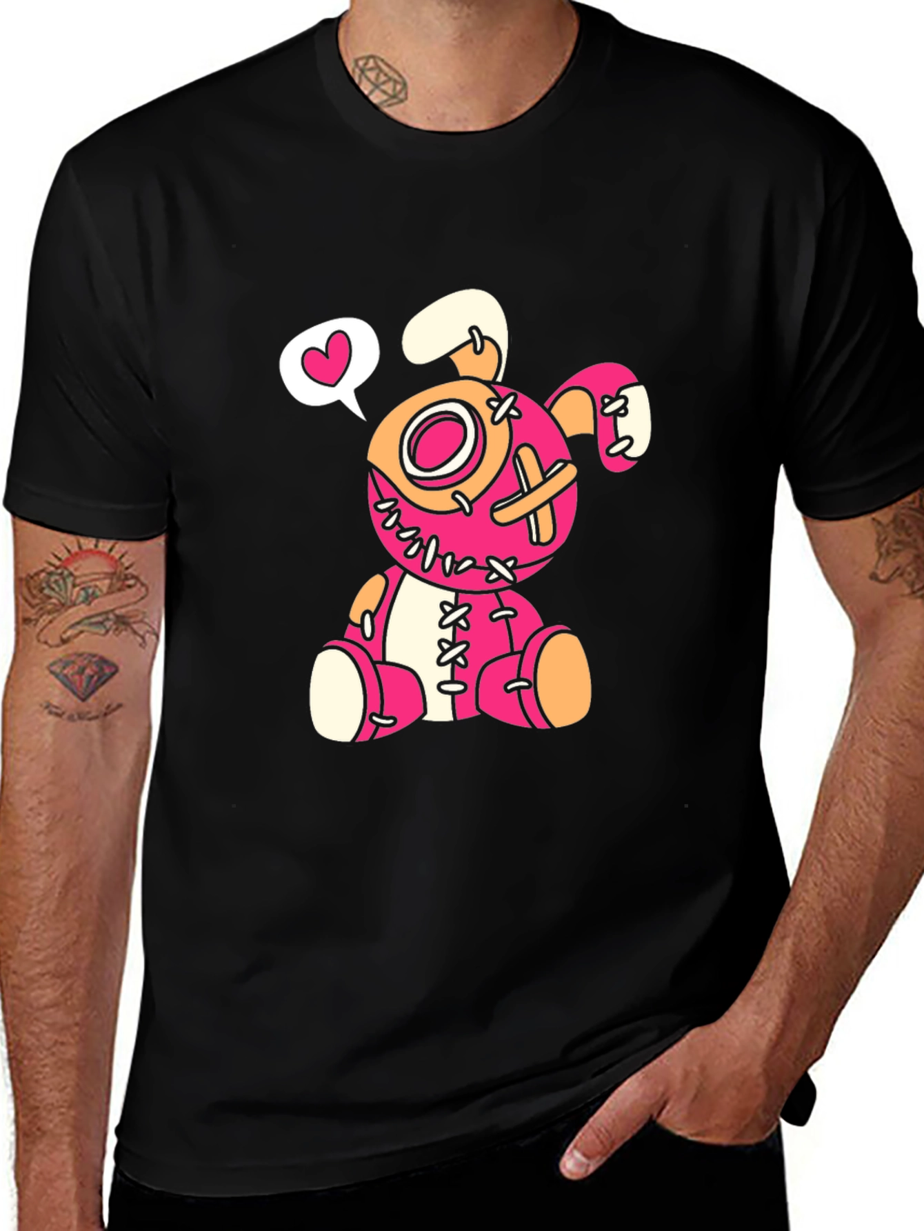 Variant 28 of Cute Cartoon Bunny Stitched Black T-Shirt