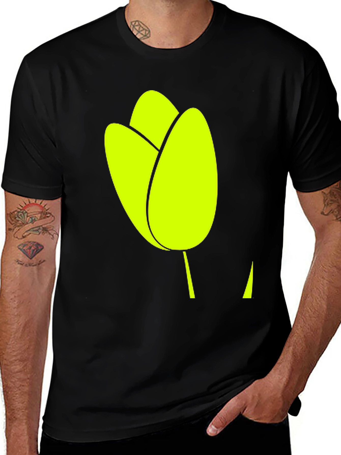 Variant 2 of Black T-Shirt with Abstract Neon Green Floral Design