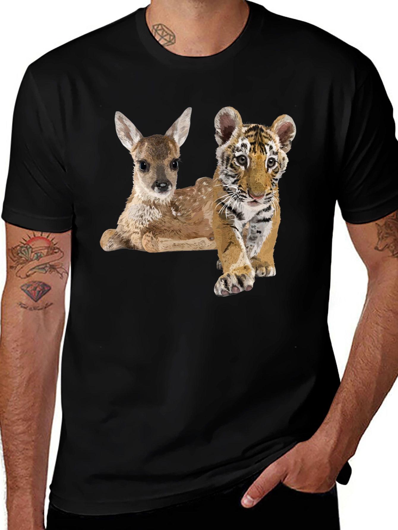 Wildlife Friends Graphic Tee - Deer and Tiger Cub Print