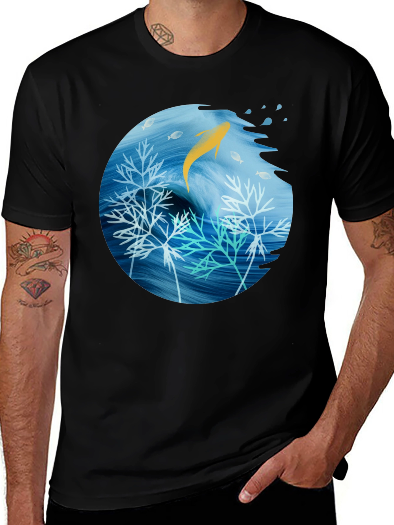 Variant 14 of Aquatic Life Graphic Black T-Shirt