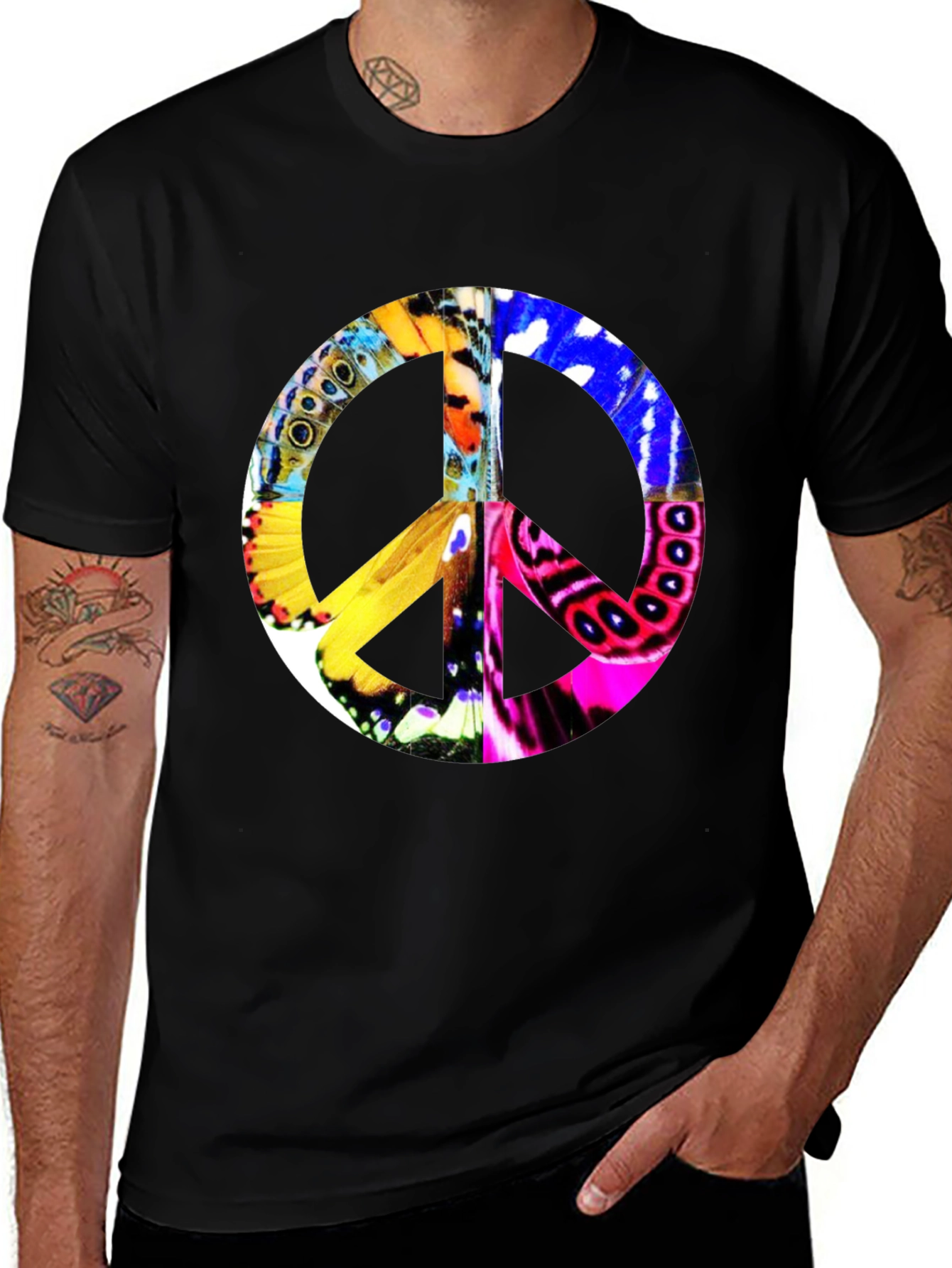 Variant 27 of Butterfly Peace Sign Graphic Black T-Shirt