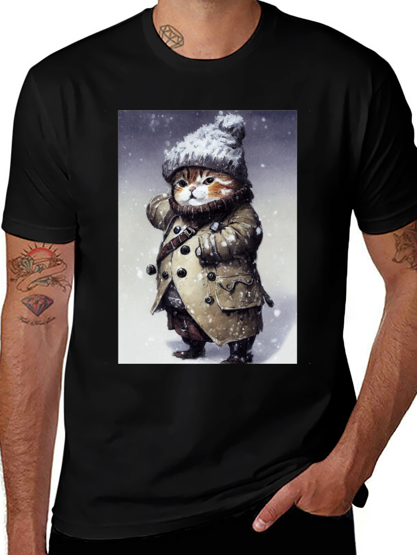 Black Winter Cat in Coat T-Shirt - Unique Graphic Tee main image