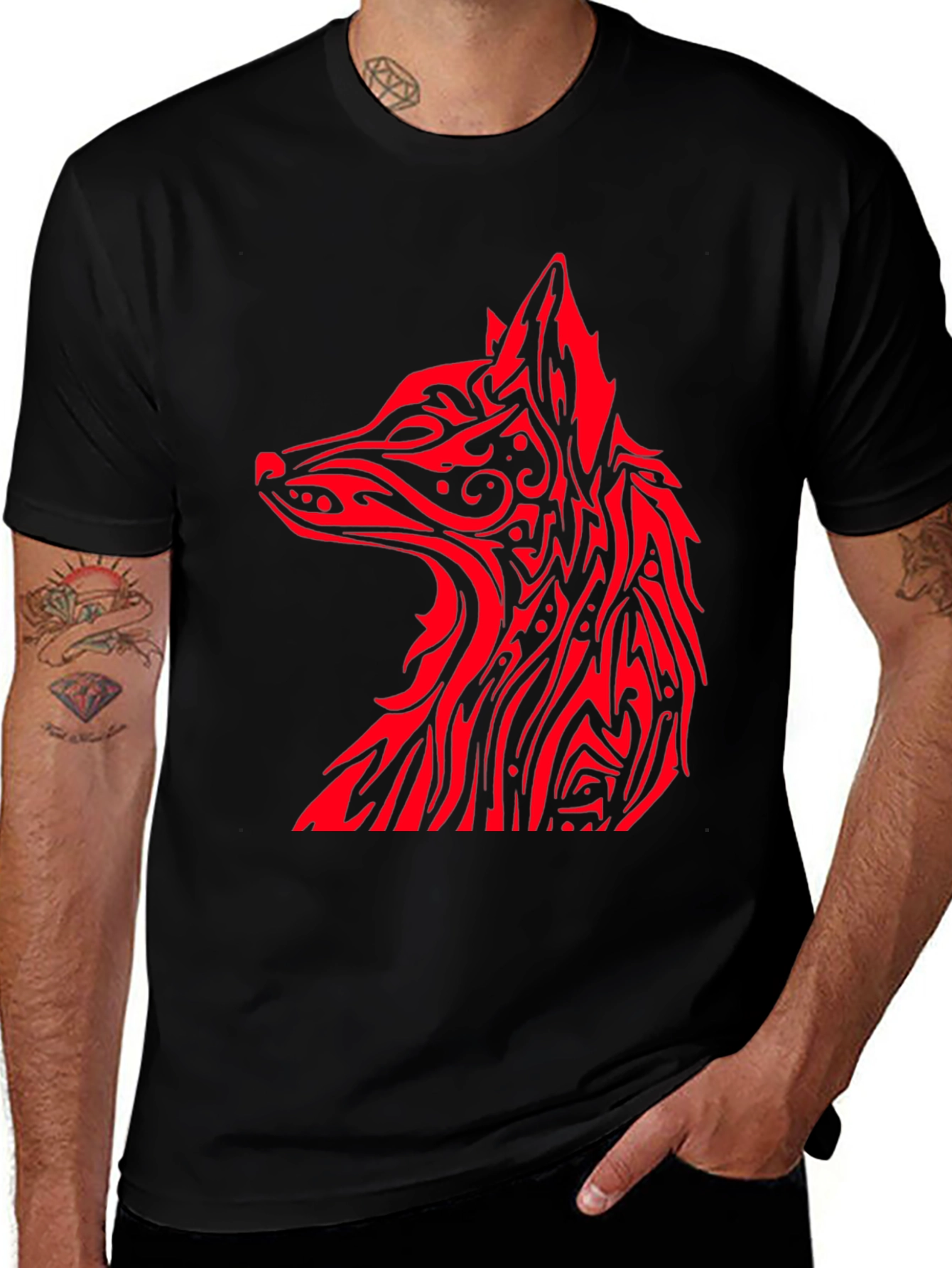 Variant 12 of Red Tribal Fox Graphic Black T-Shirt