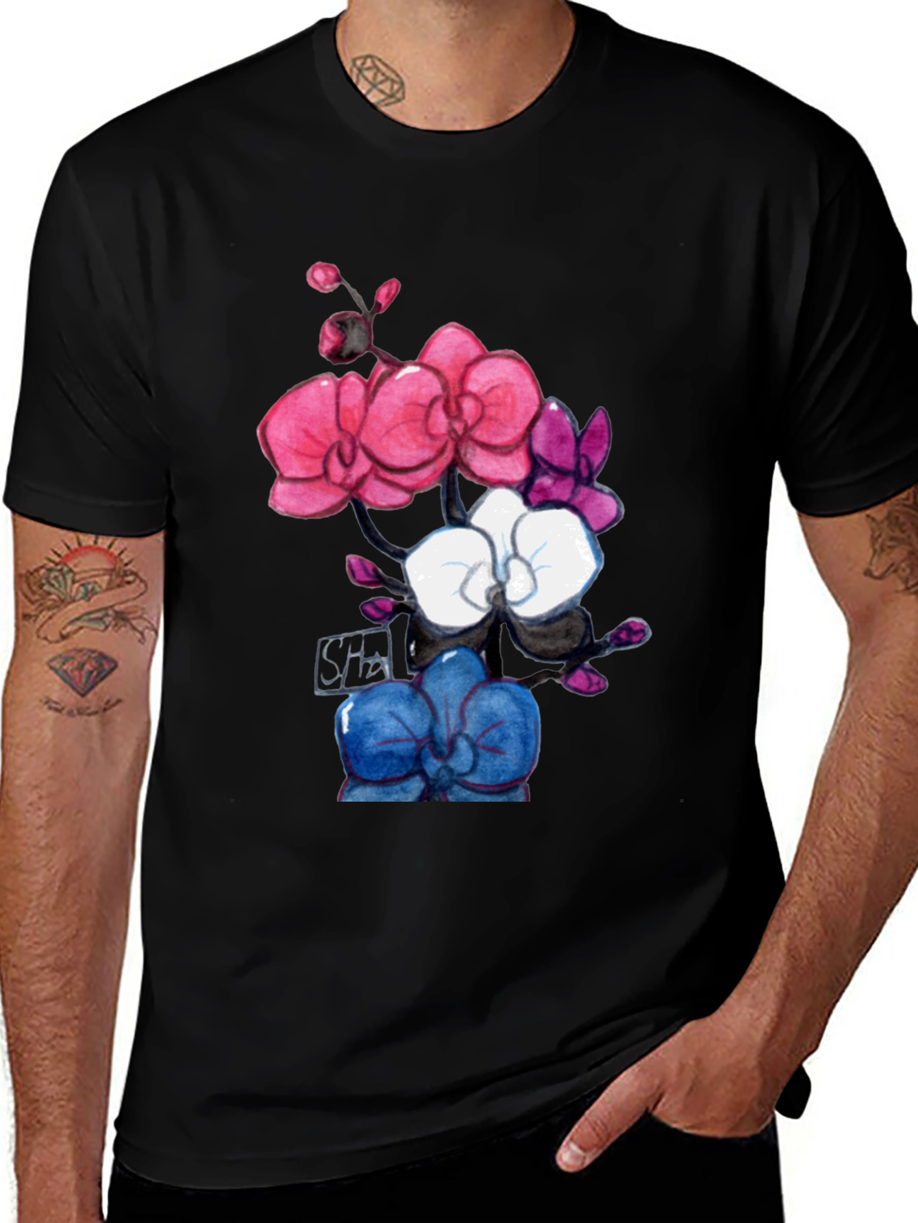 Variant 3 of Floral Orchid Graphic Tee - Unique Watercolor Design