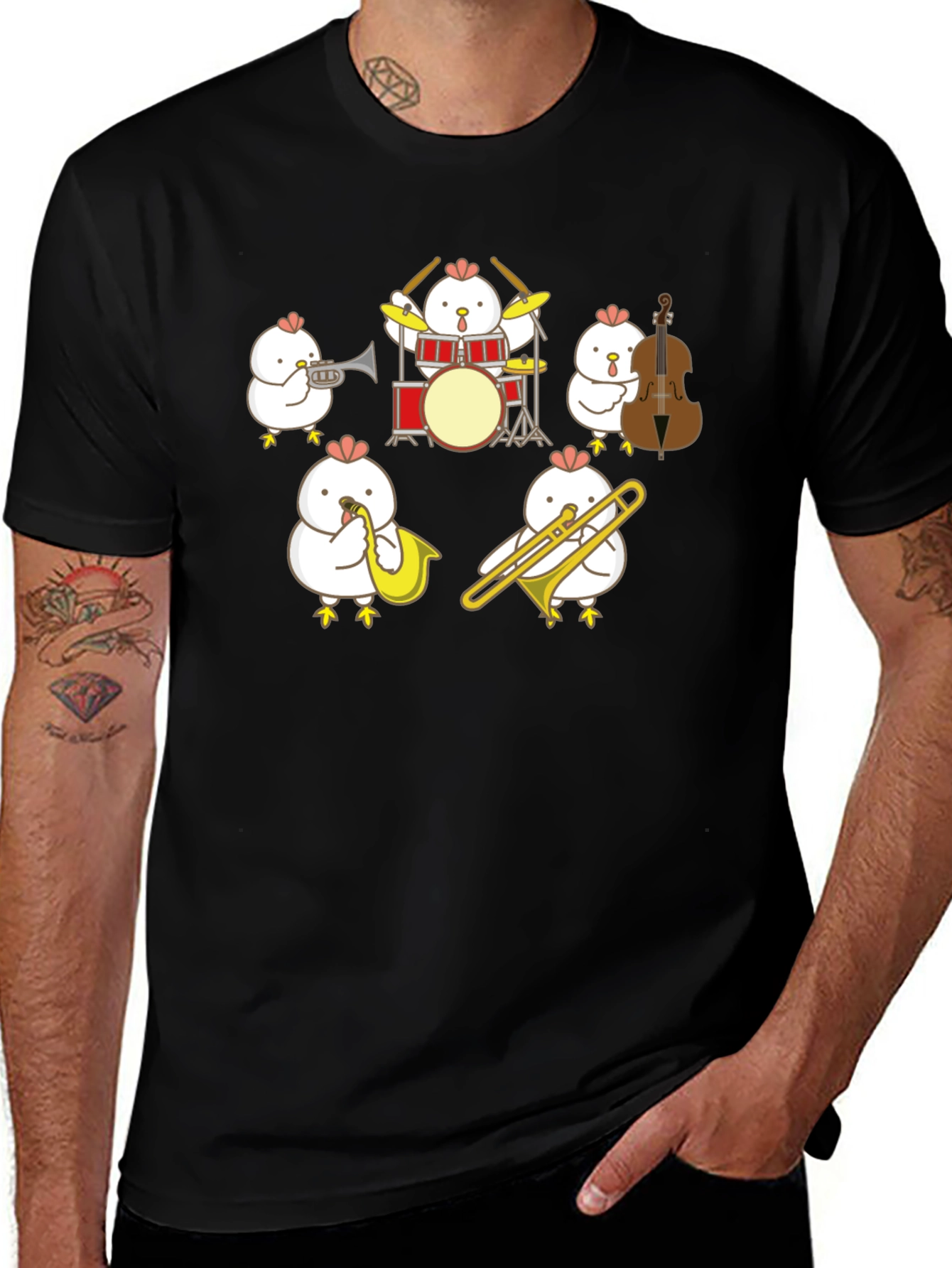 Variant 8 of Musical Chicken Band Black Graphic Tee