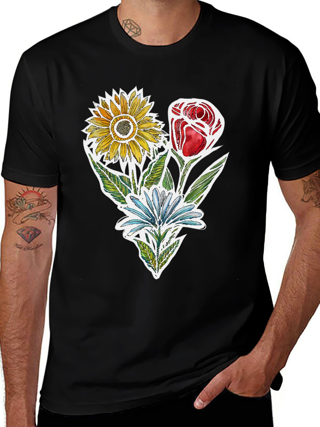 Variant 26 of Floral Trio Graphic Tee - Sunflower, Rose, Blue Daisy
