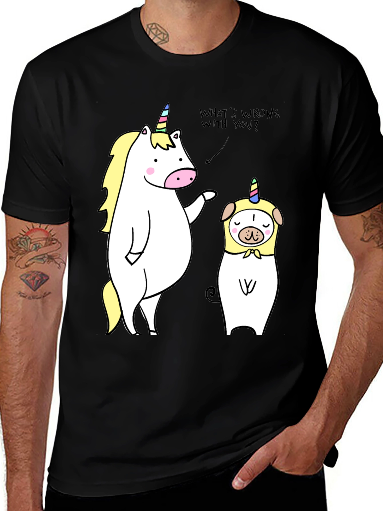 Black Unicorn & Pug Humor Tee - What's Wrong? main image