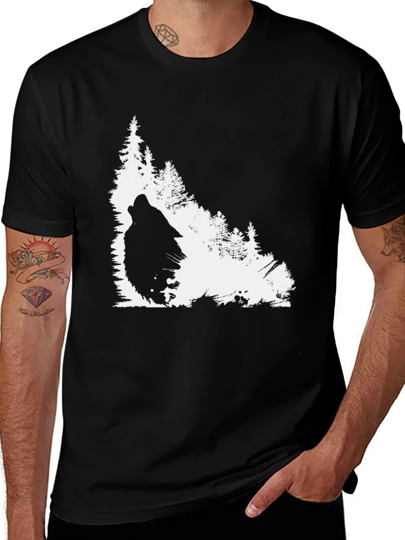 Variant 3 of Wolf Howl Nature Scene Graphic Tee - Black