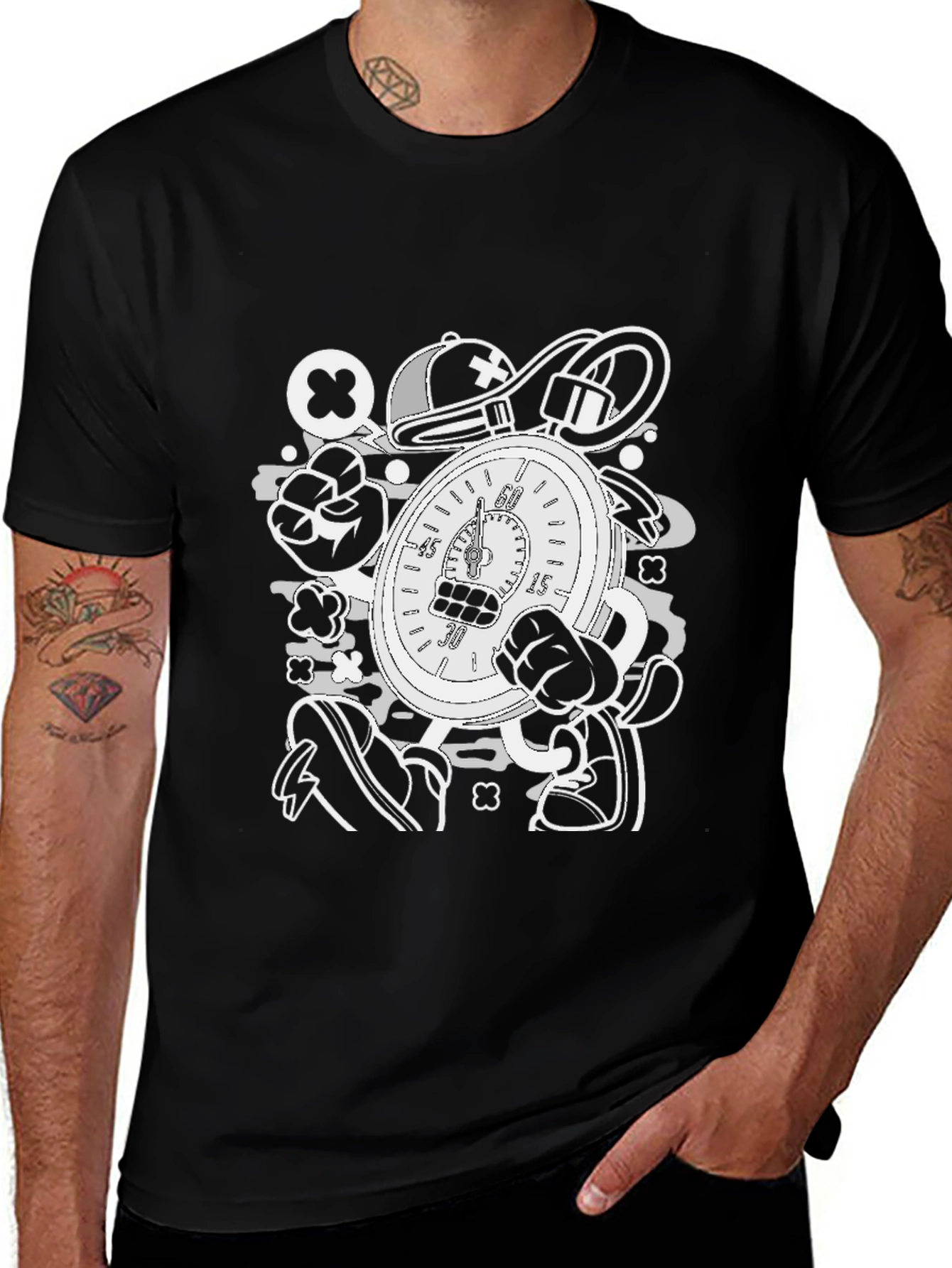 Variant 3 of Cartoon Stopwatch Graphic Tee - Black