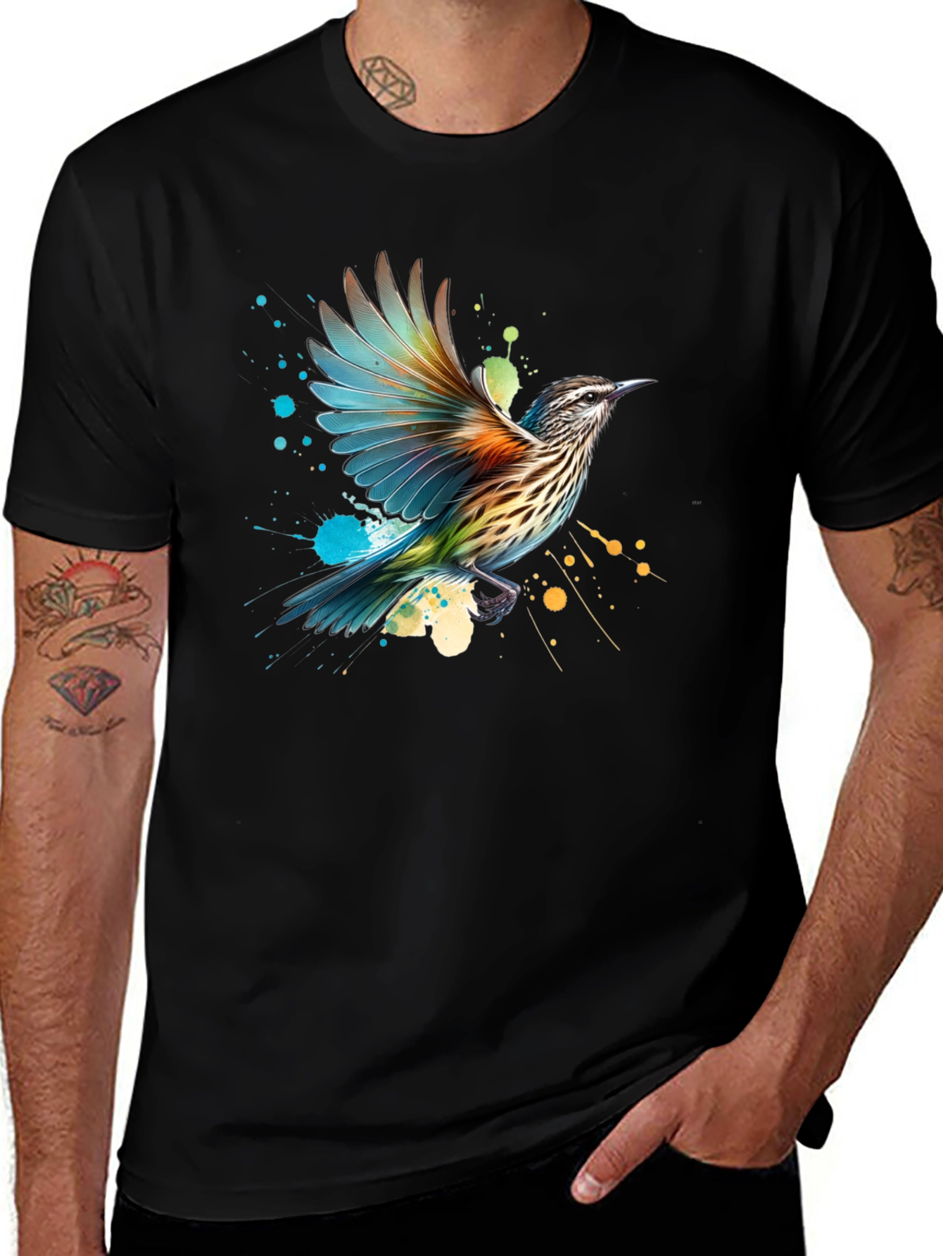 Variant 23 of Watercolor Bird Print Black T-Shirt