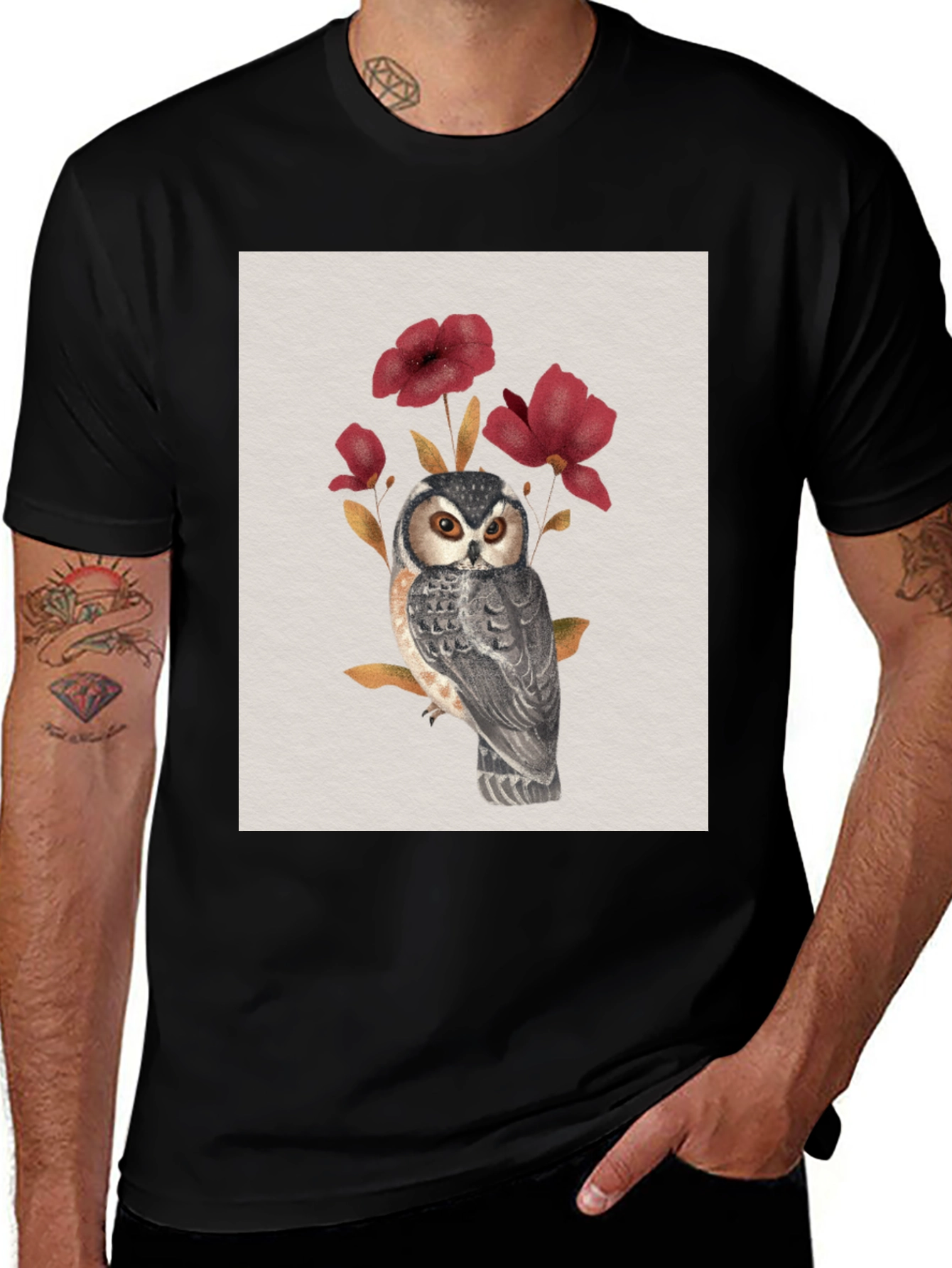 Variant 13 of Owl and Flower Graphic Tee - Black Unisex