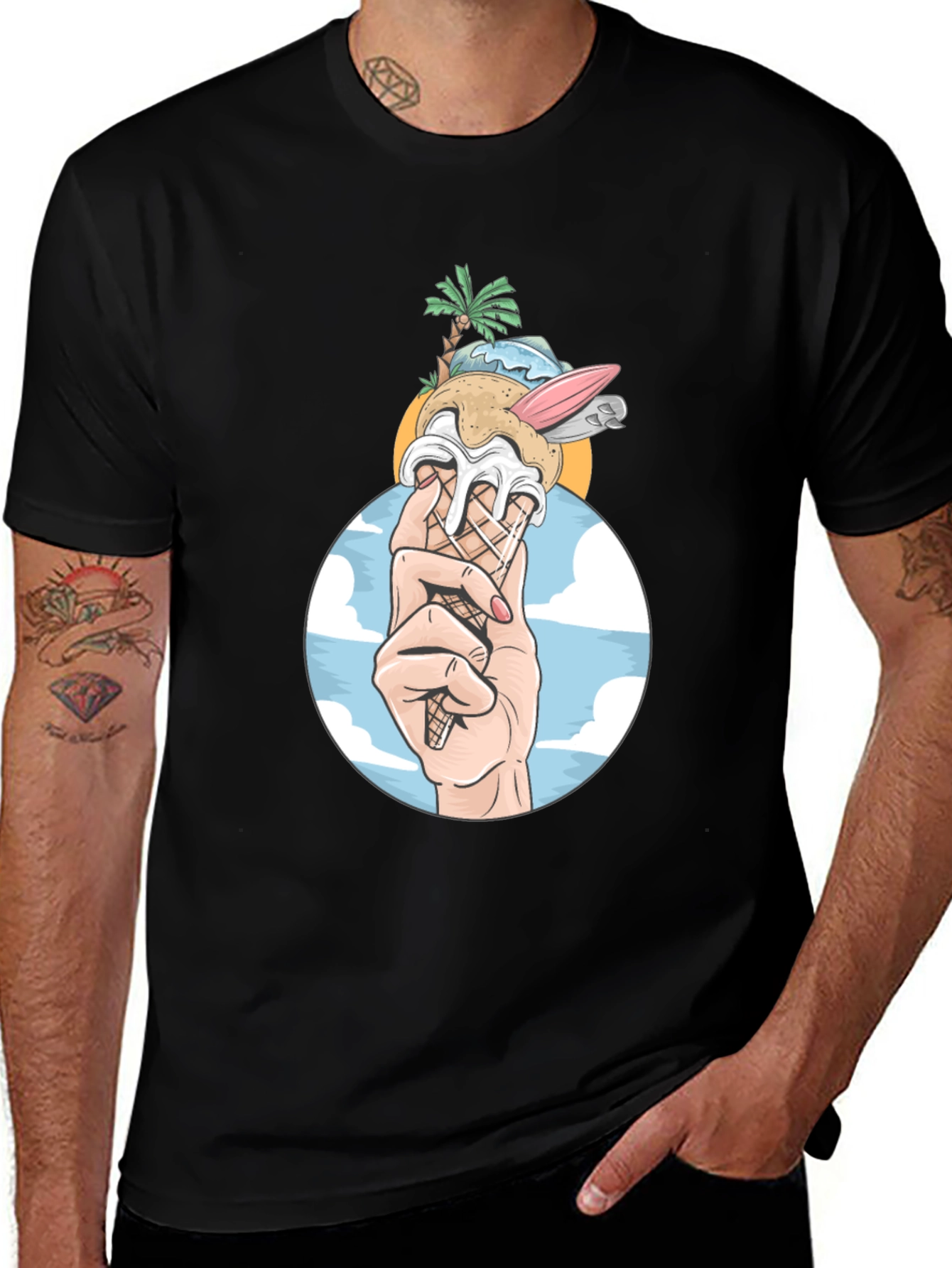 Variant 29 of Tropical Ice Cream Cone Graphic Tee - Black Cotton Shirt