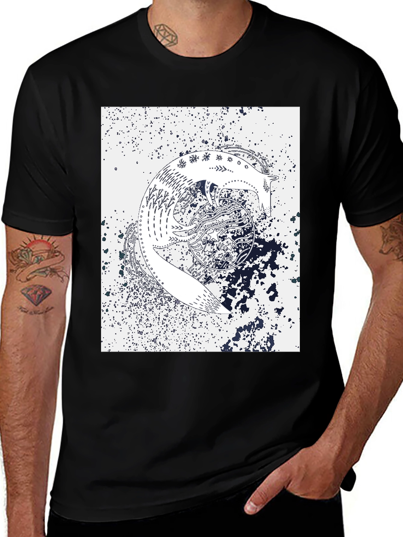Variant 23 of Abstract Fox Graphic Print Black T-Shirt