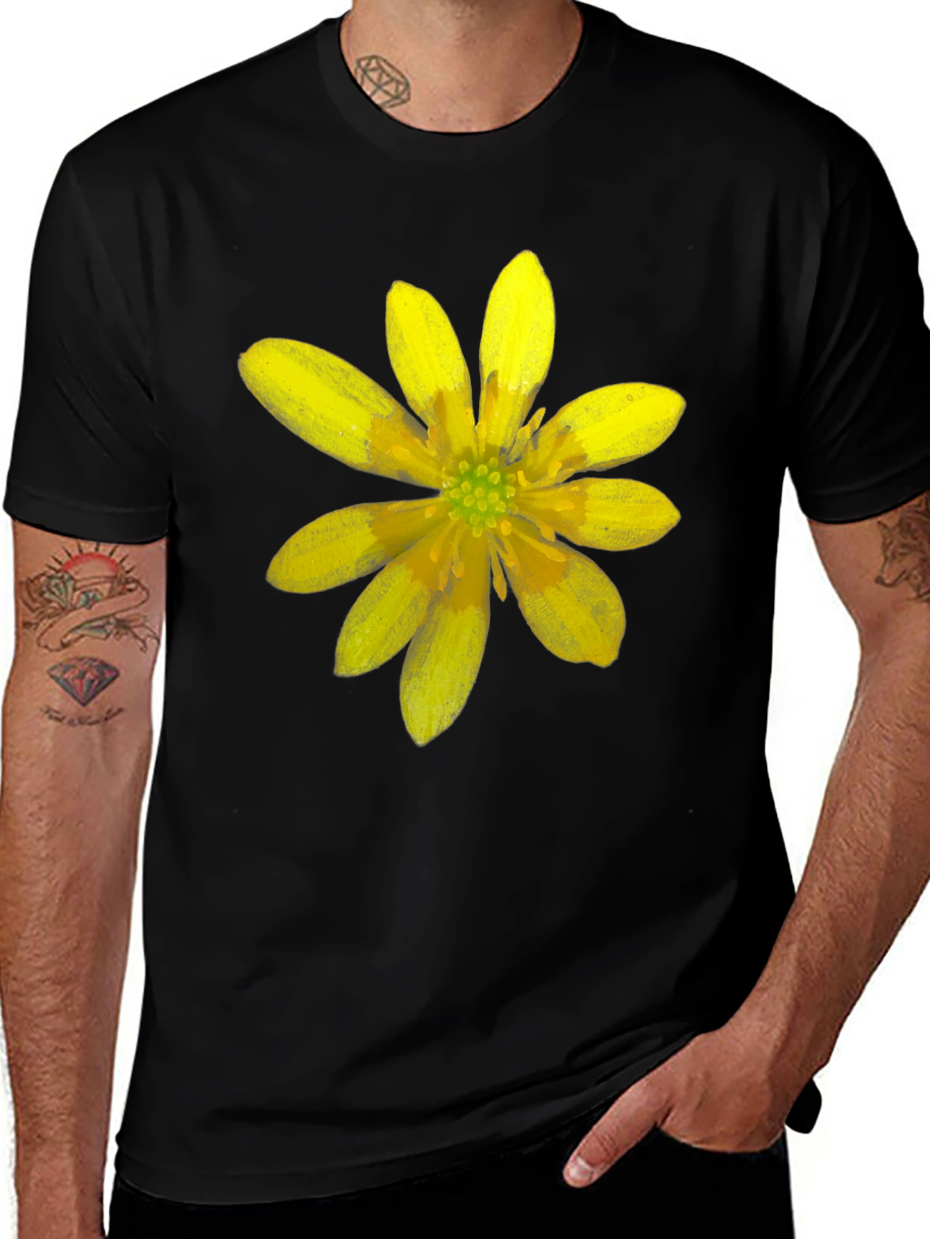 Variant 26 of Black T-Shirt with Bright Yellow Floral Design