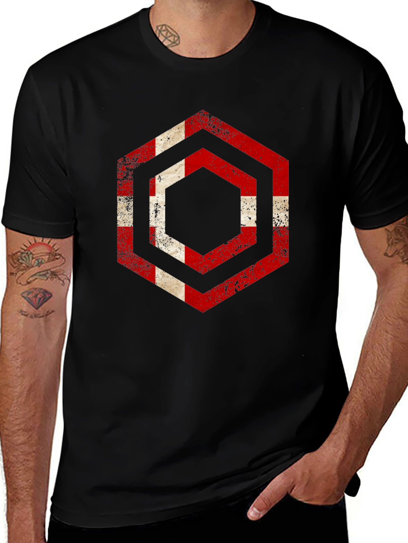 Distressed Denmark Flag Hexagon T-Shirt