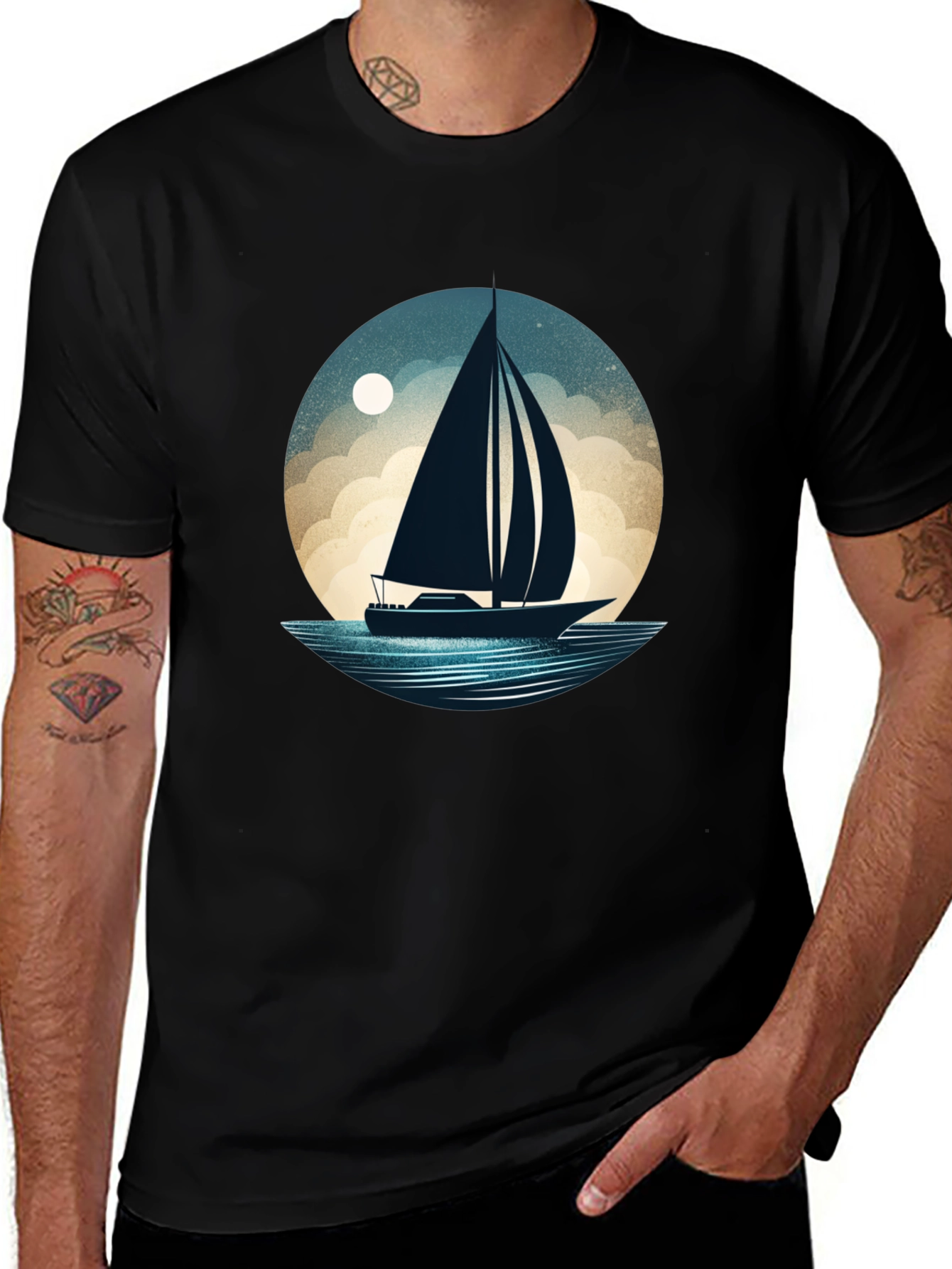 Nautical Sailboat Graphic Tee - Black Cotton T-Shirt