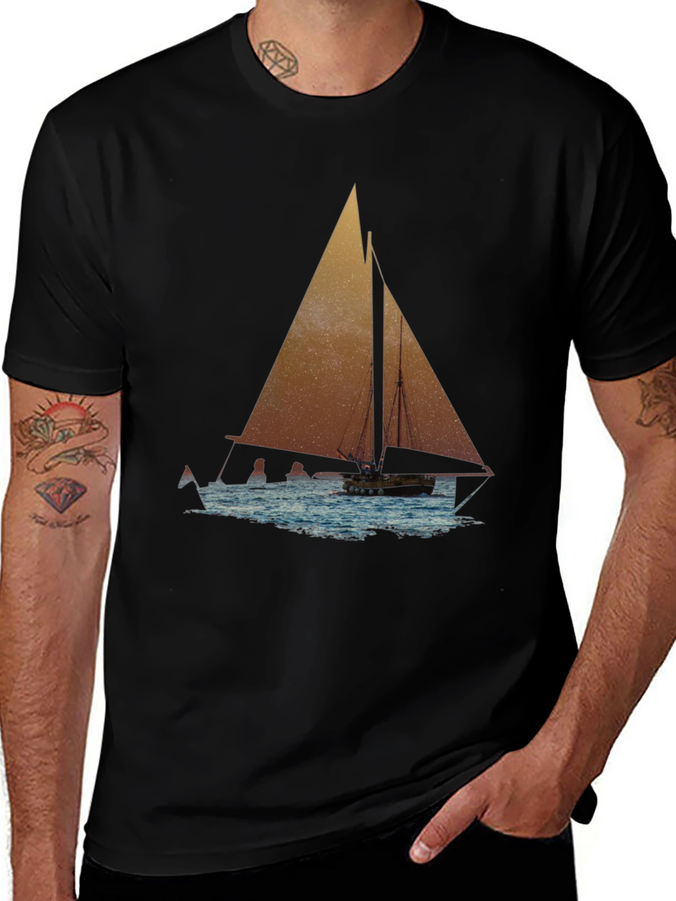 Black Sailboat Graphic Tee - Black Cotton Blend main image