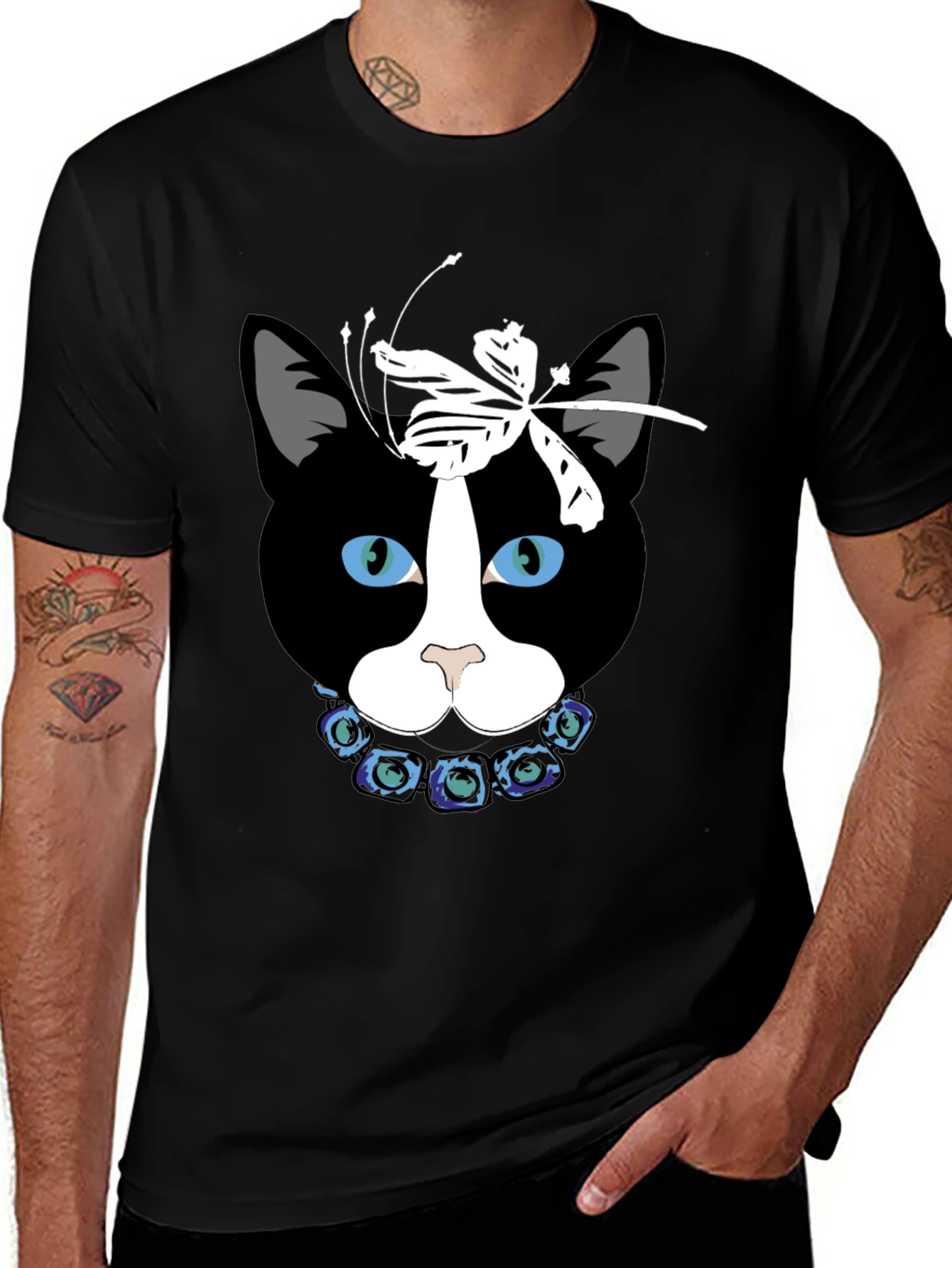 Variant 10 of Cat Face T-Shirt with Dragonfly Bow and Flower Collar