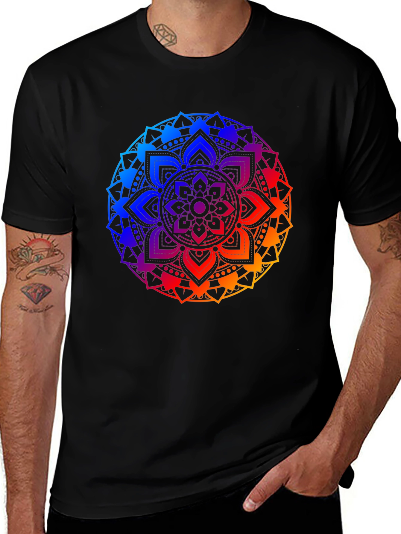 Variant 9 of Rainbow Mandala Graphic Tee - Black Cotton Blend