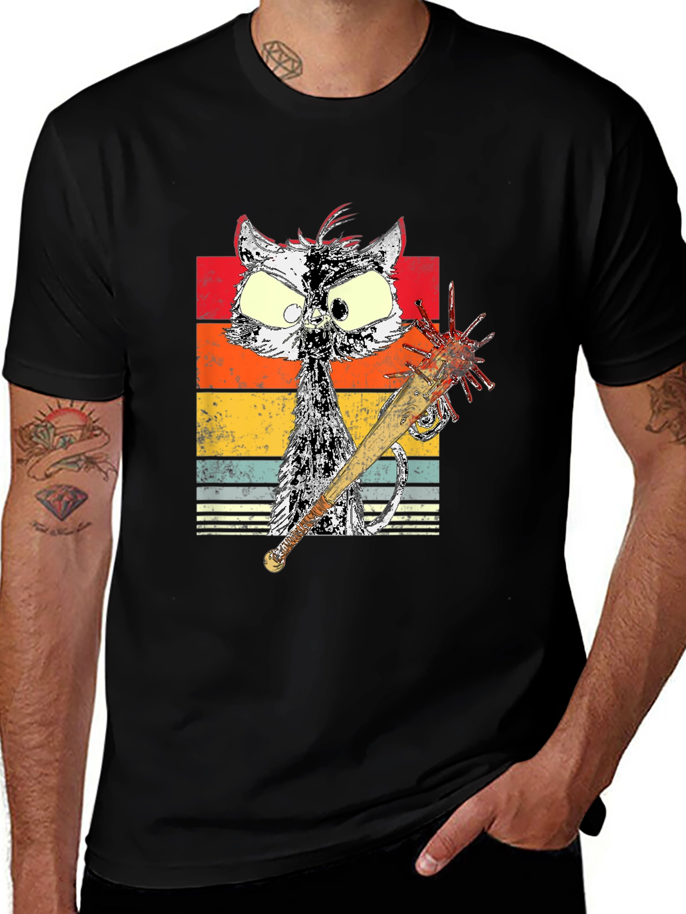 Variant 6 of Retro Cat with Spiked Bat Graphic Tee