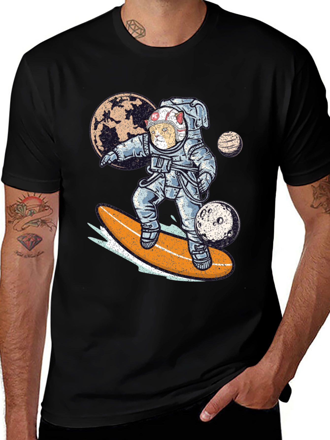 Variant 19 of Cat Astronaut Surfing T-Shirt - Space Adventure Tee