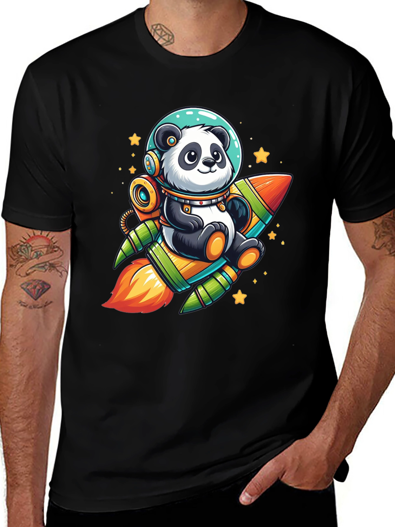 Panda Astronaut Rocket Black T-Shirt