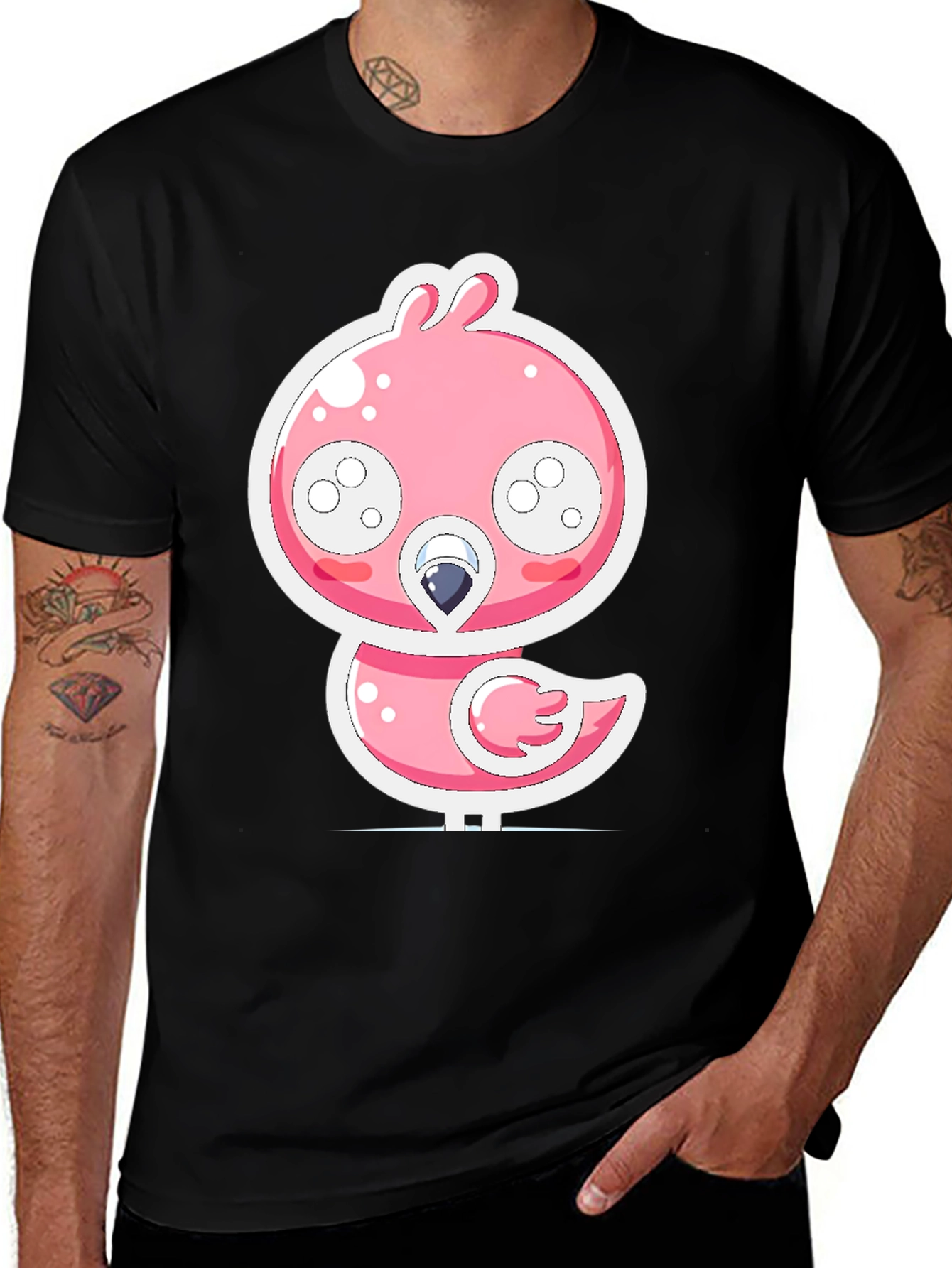 Pink Bird Graphic Black T-Shirt Cute Cartoon Design