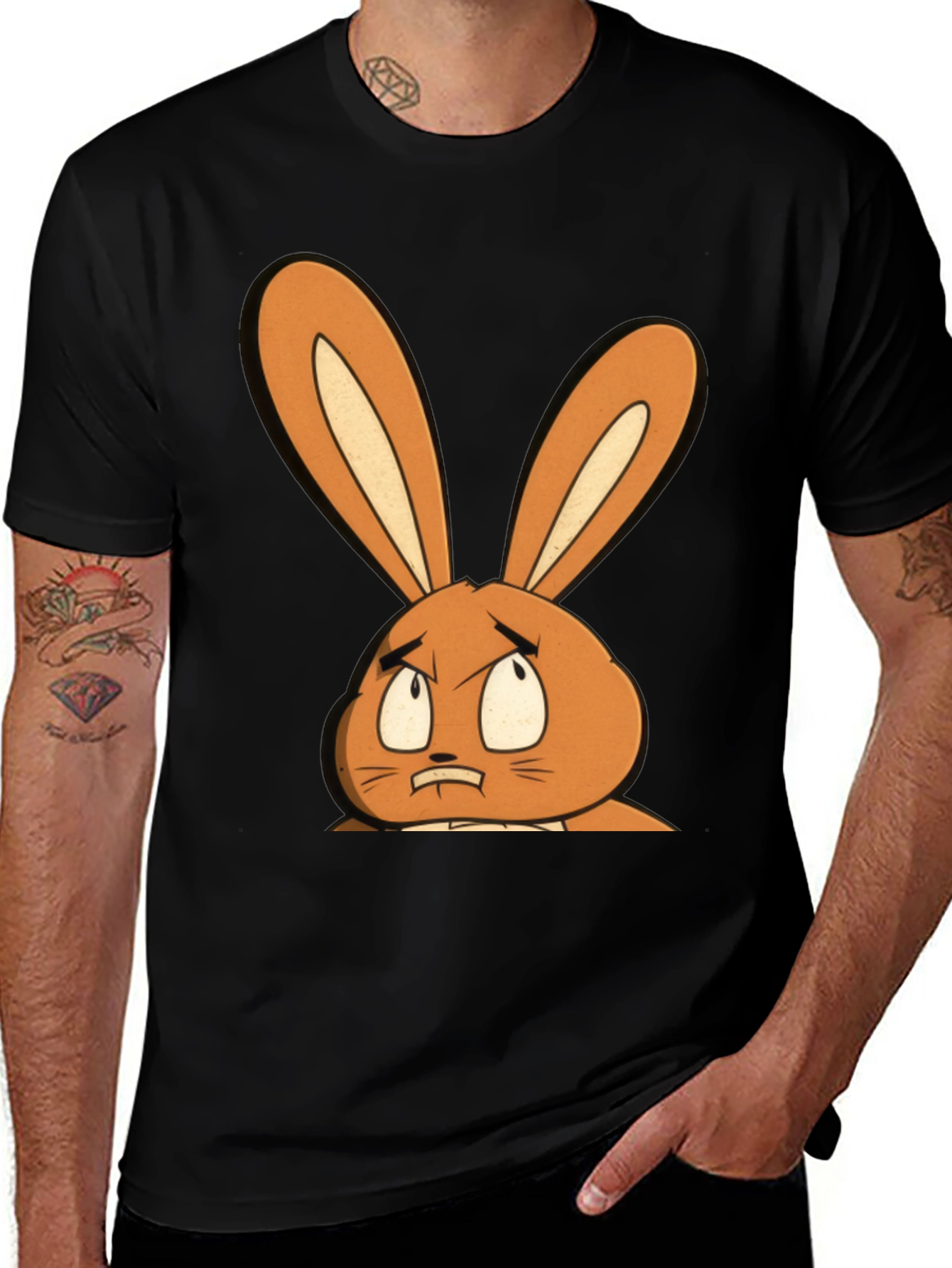 Variant 13 of Cartoon Rabbit Graphic Tee - Black Cotton T-Shirt