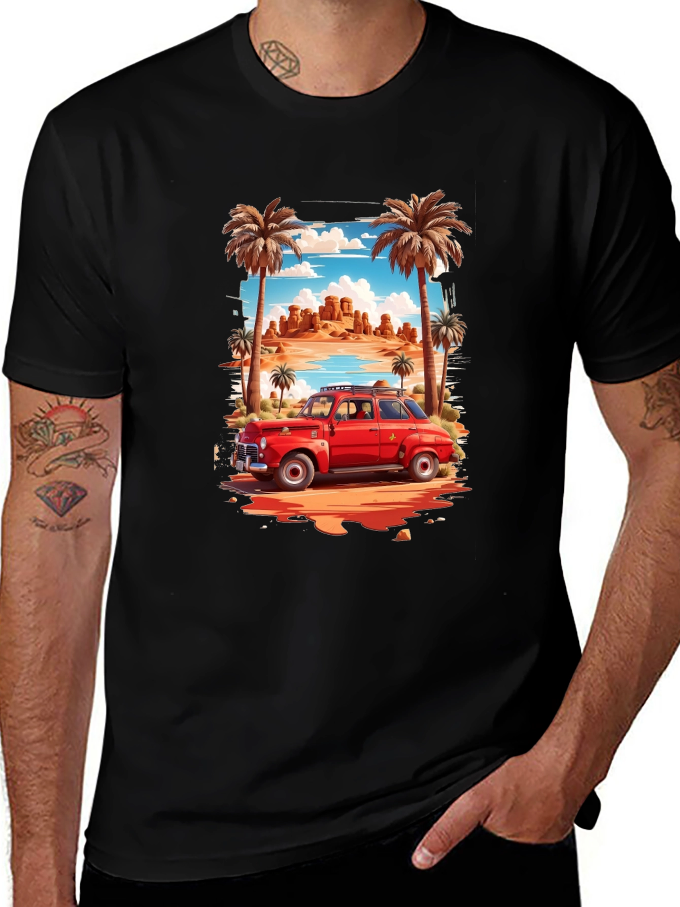 Variant 10 of Desert Adventure T-Shirt: Classic Car & Palm Trees