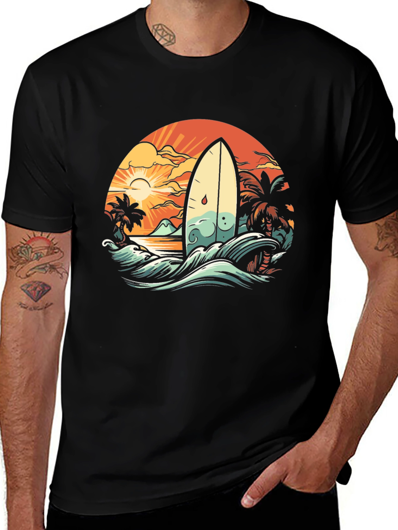 Retro Surfboard Beach Scene Graphic Tee