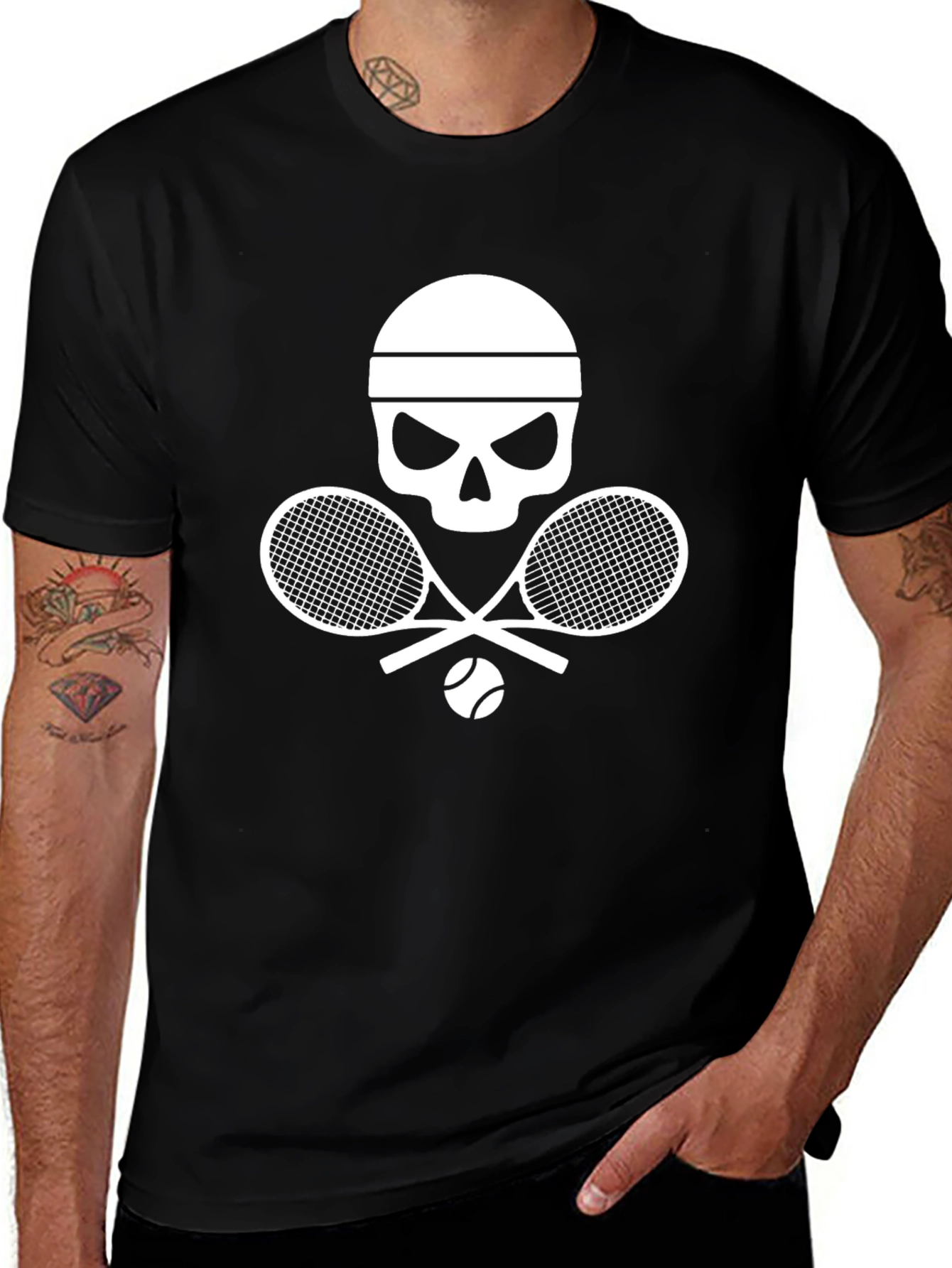 Variant 13 of Tennis Skull Graphic Tee - Black Cotton Blend T-Shirt