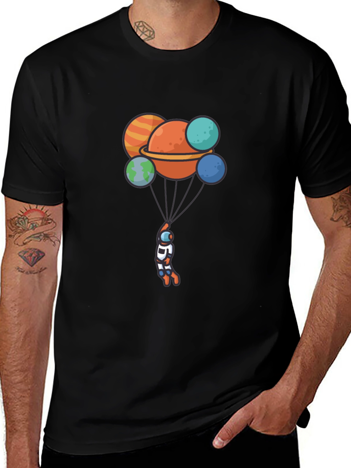 Variant 16 of Astronaut Planet Balloon Graphic Black T-Shirt
