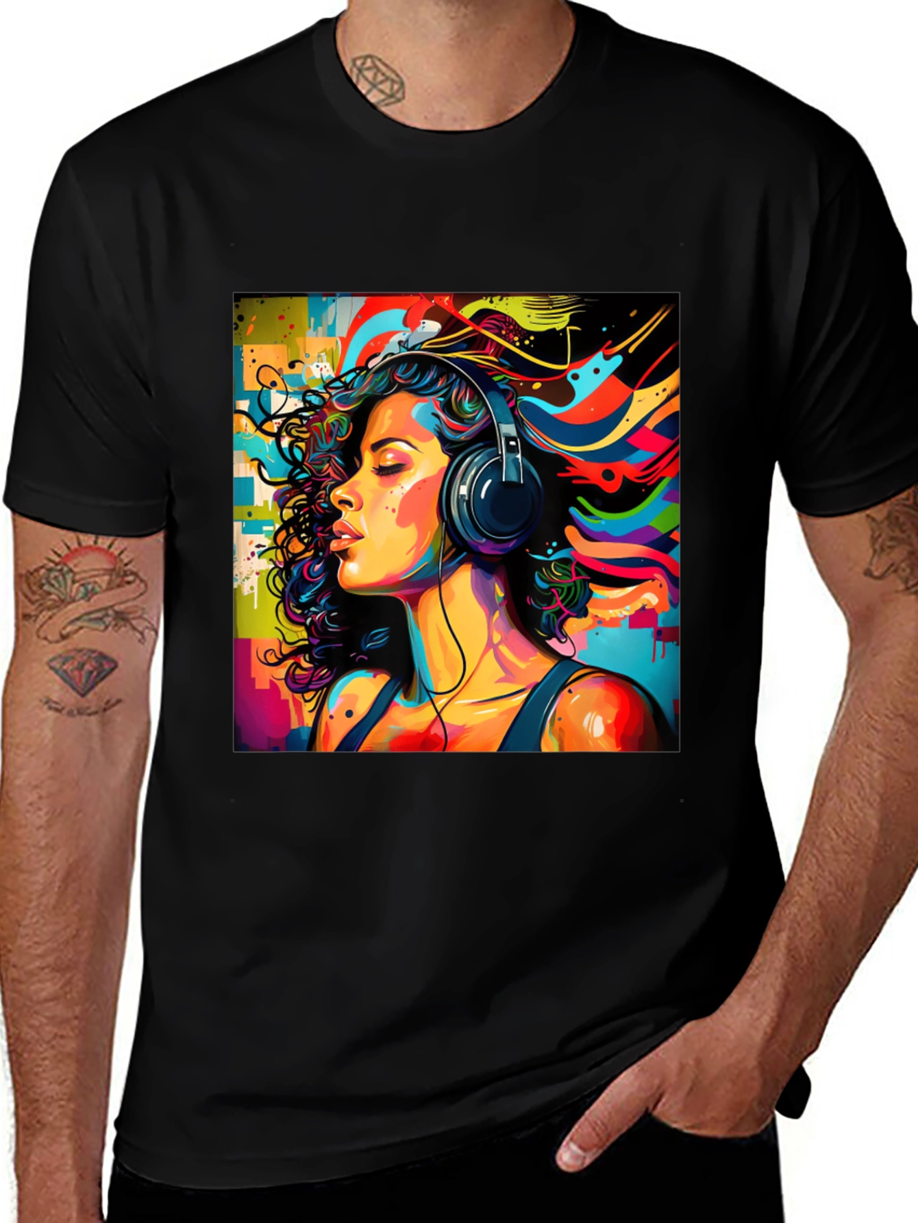 Variant 10 of Artistic Woman Headphones Graphic Black T-Shirt