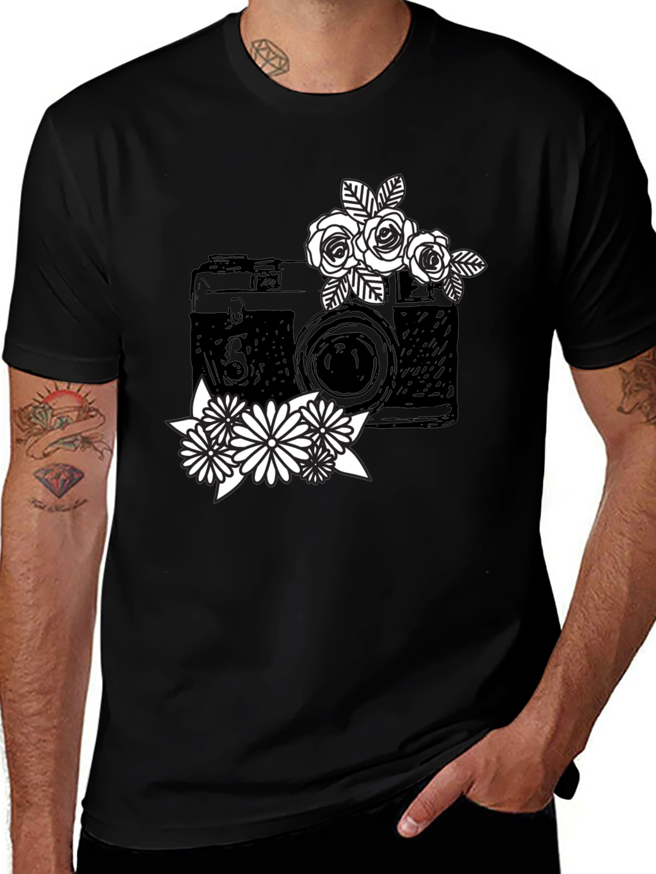 Variant 25 of Floral Camera Graphic Black T-Shirt