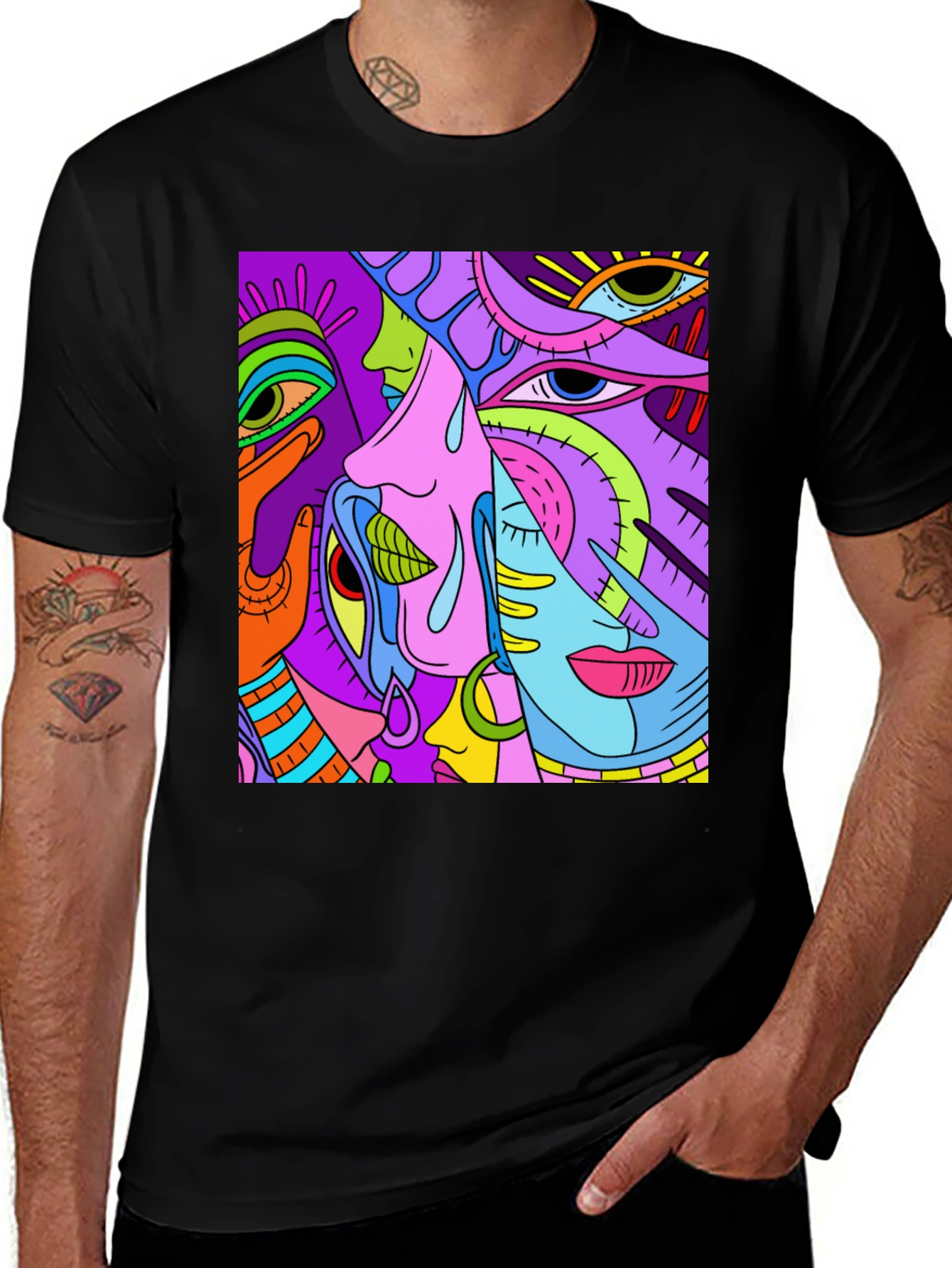 Variant 19 of Abstract Faces Graphic Tee - Unisex Black T-Shirt