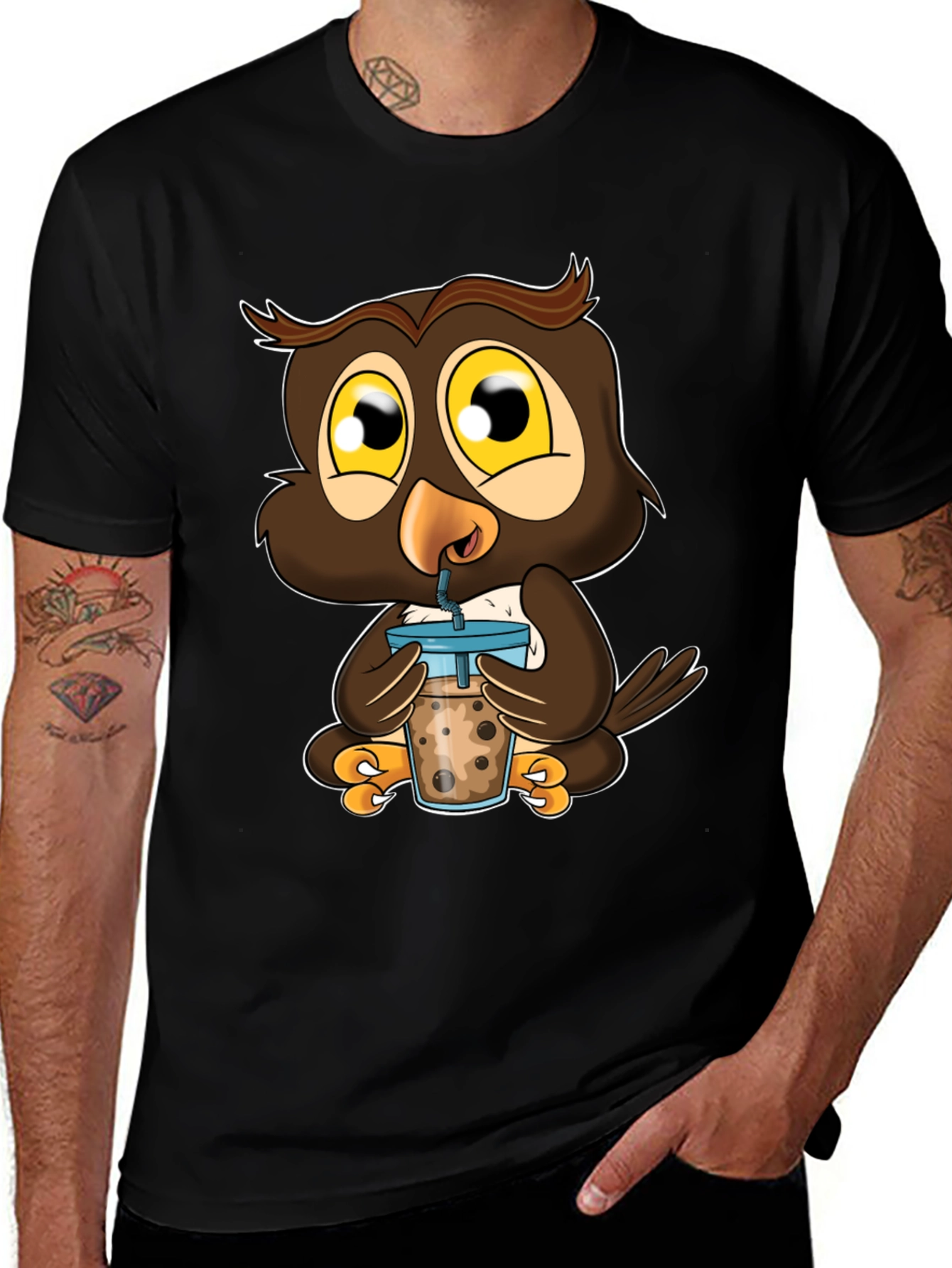 Variant 26 of Owl Boba Tea Graphic Tee - Trendy Black T-Shirt