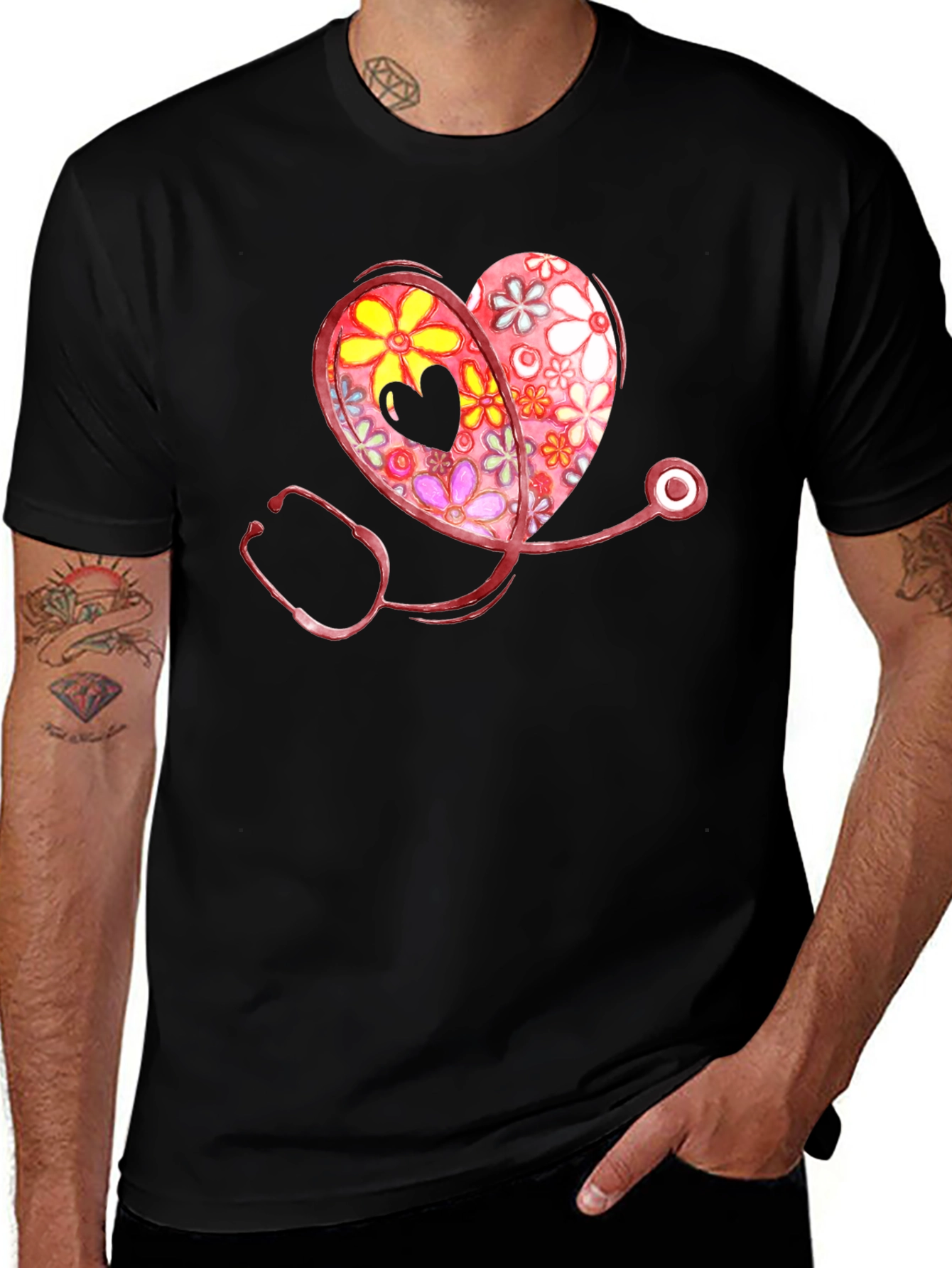 Variant 30 of Floral Heart Stethoscope Graphic T-Shirt