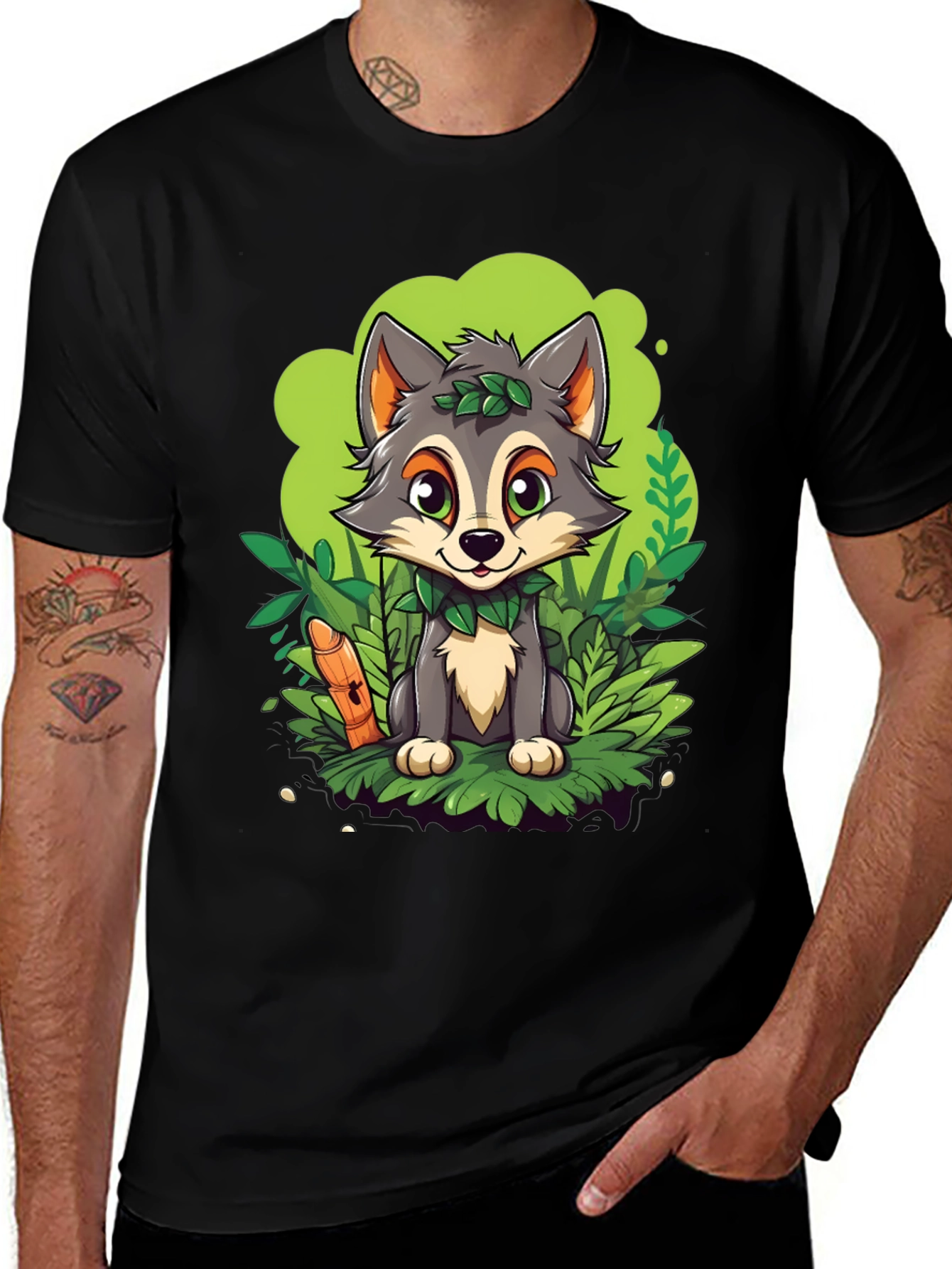 Variant 18 of Cartoon Wolf Graphic Tee - Black Cotton T-Shirt