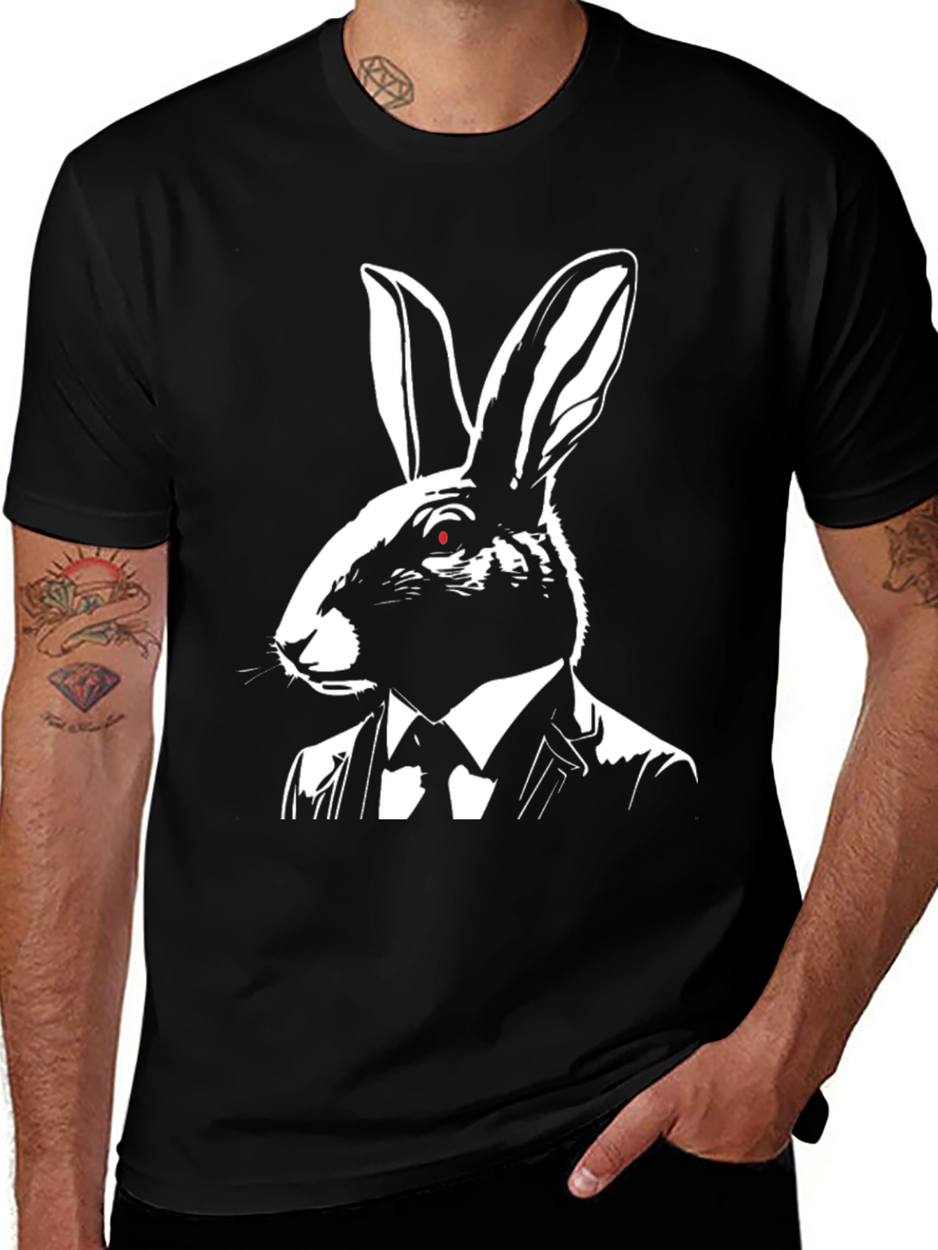 Variant 17 of Men's Black T-Shirt with Rabbit in Suit Graphic