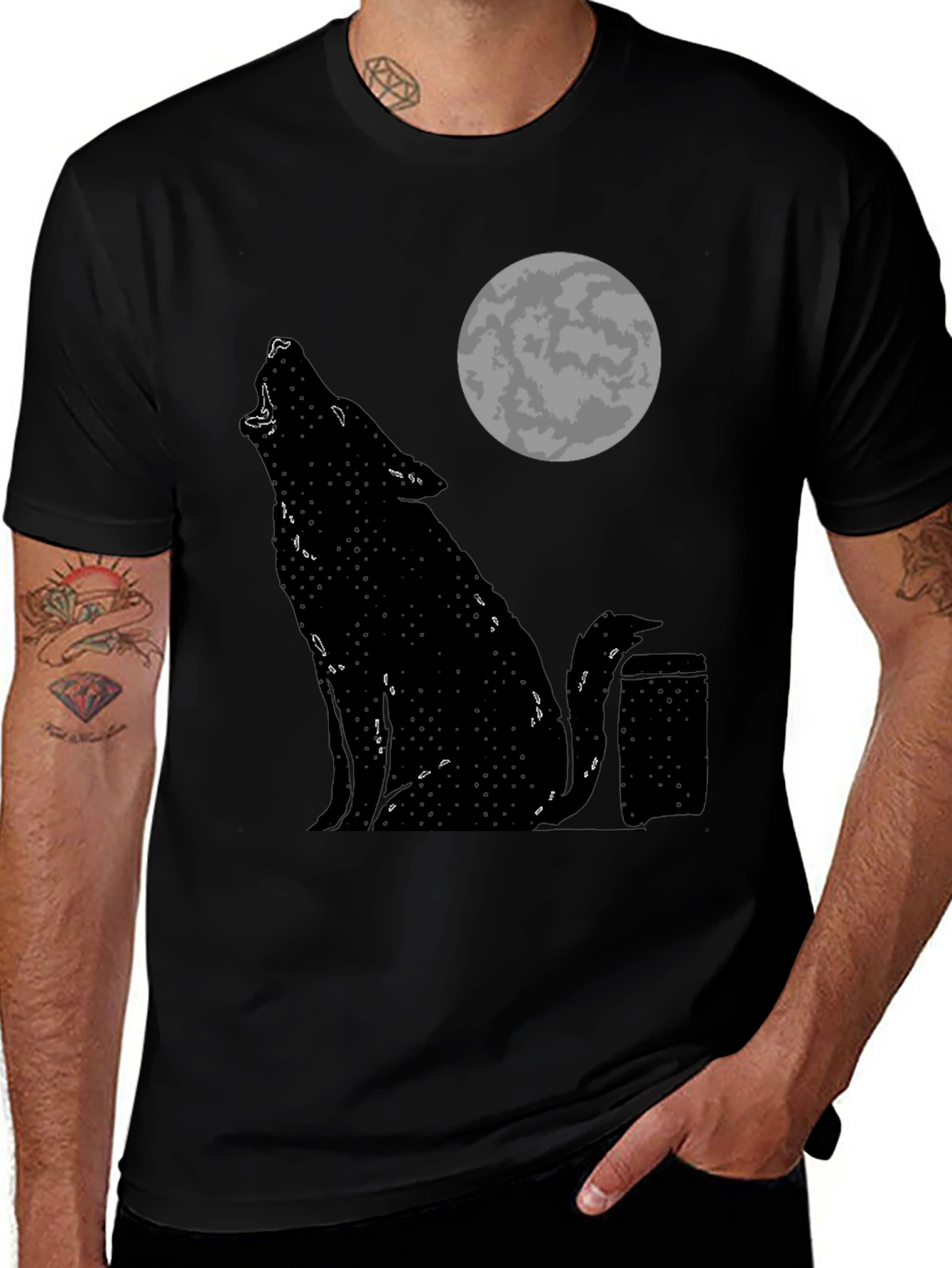 Variant 2 of Wolf Howling at Moon Graphic Tee - Black Cotton T-Shirt