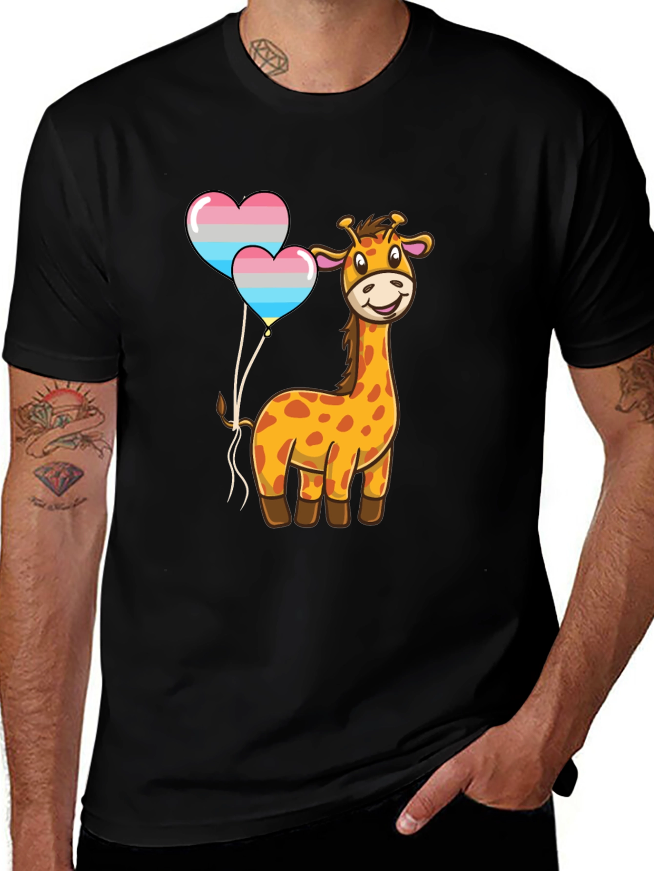 Giraffe & Trans Pride Heart Balloons Black T-Shirt