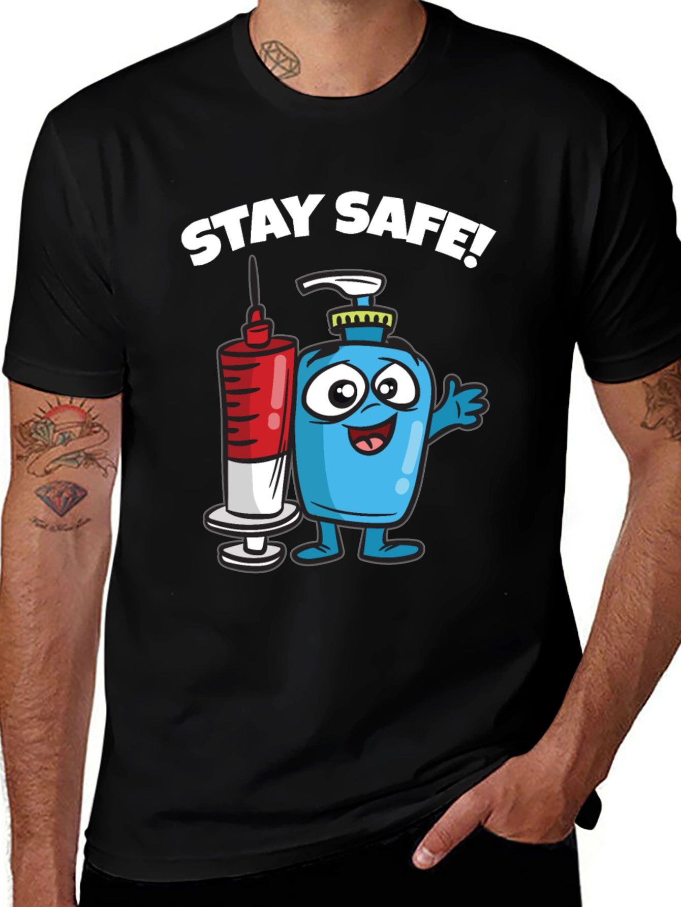 Variant 12 of Stay Safe T-Shirt - Cartoon Hand Sanitizer and Vaccine