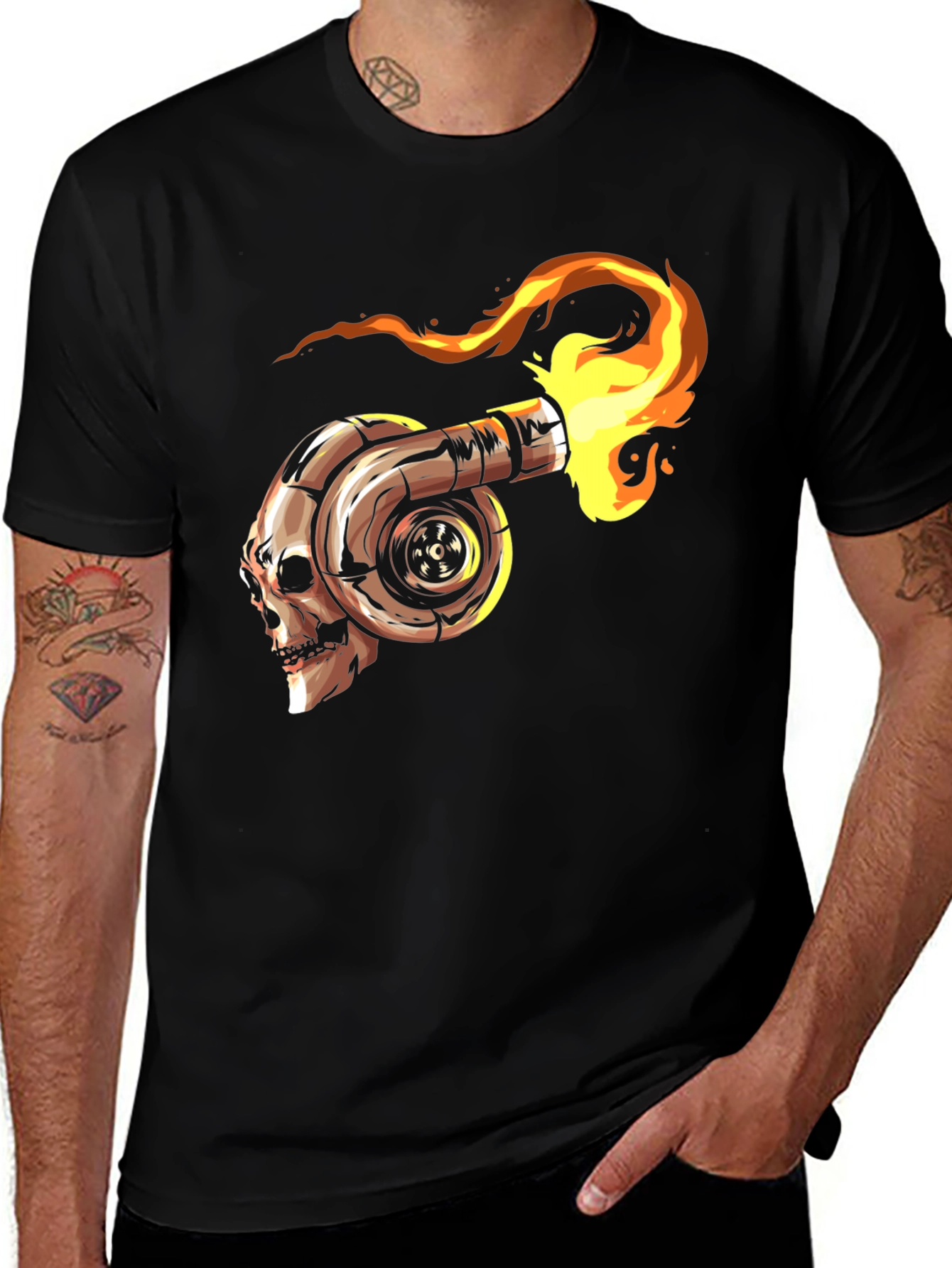 Variant 26 of Skull Turbo Black T-Shirt - Flaming Power