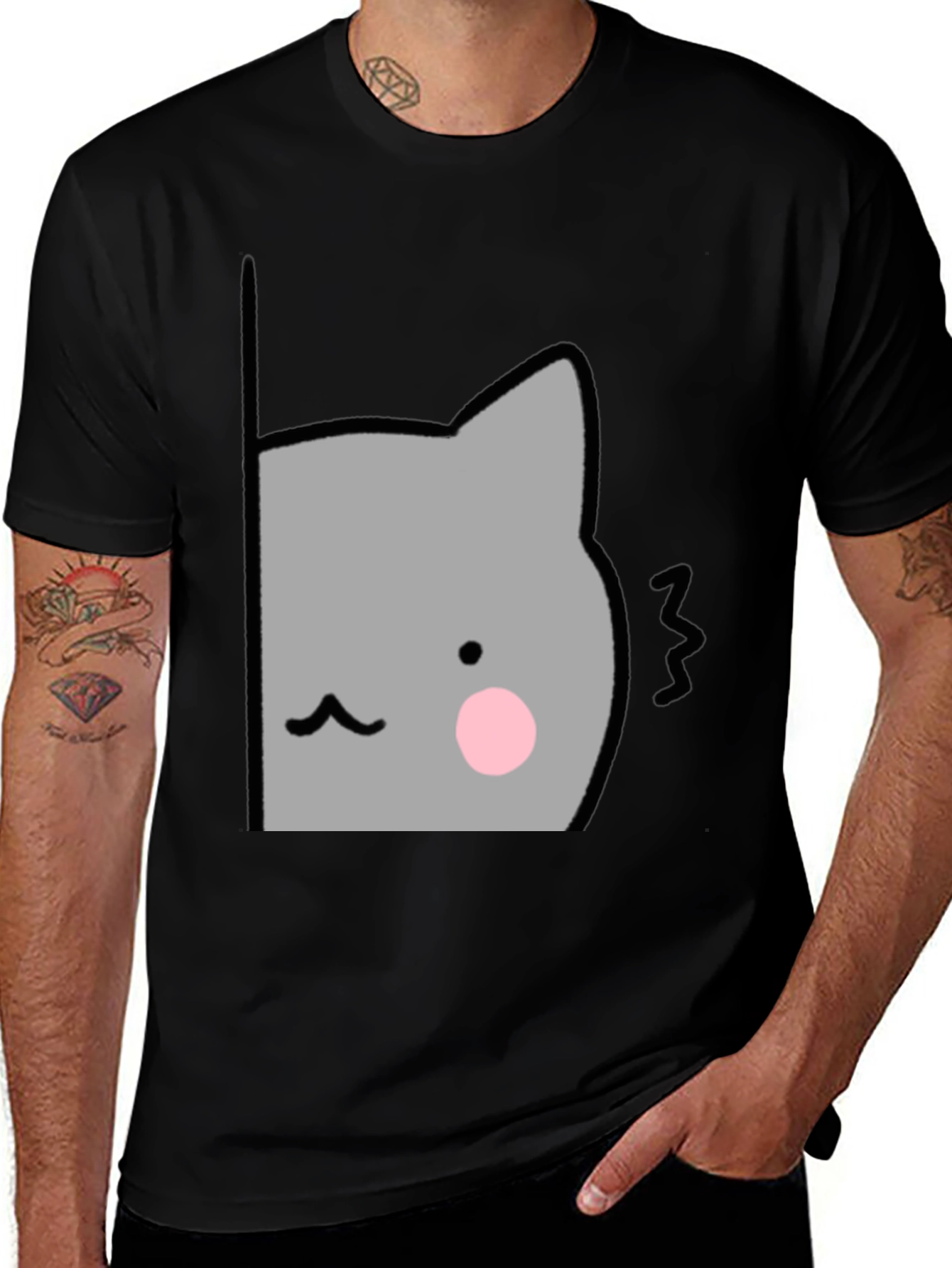 Variant 6 of Cute Gray Cat Peek-a-Boo Black T-Shirt