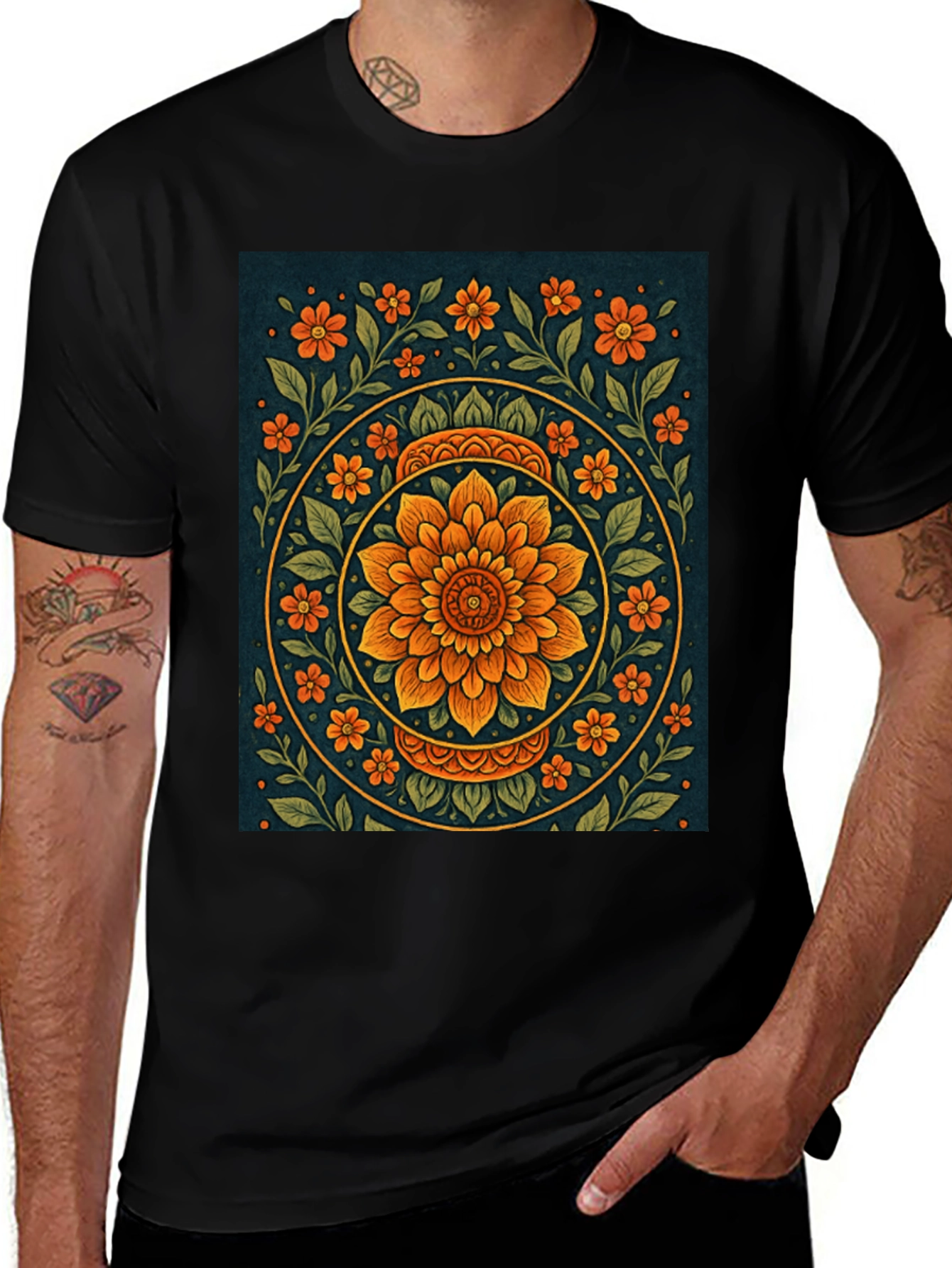 Variant 22 of Floral Mandala Graphic Tee - Black Cotton T-Shirt
