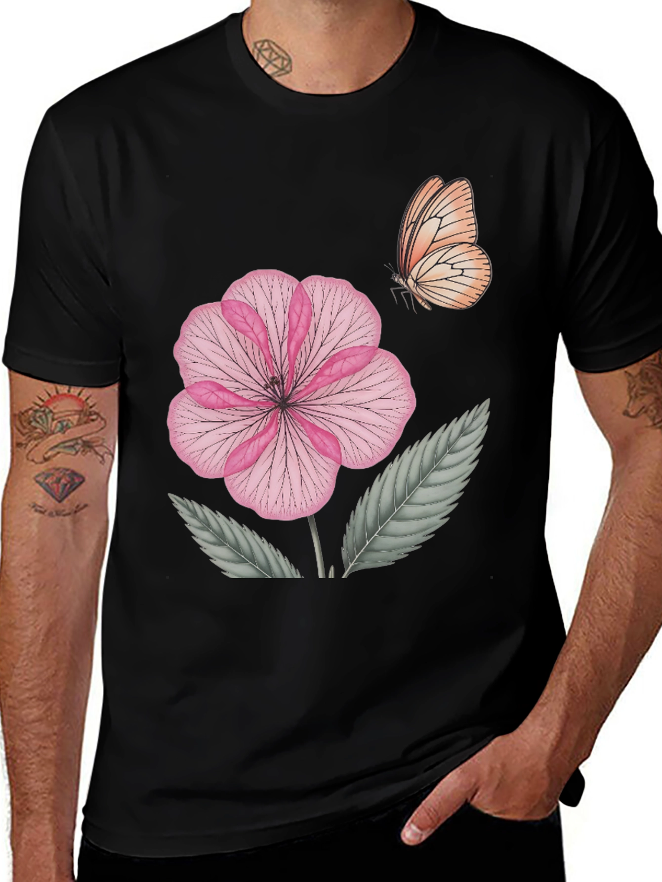Variant 30 of Floral Butterfly Print Black T-Shirt