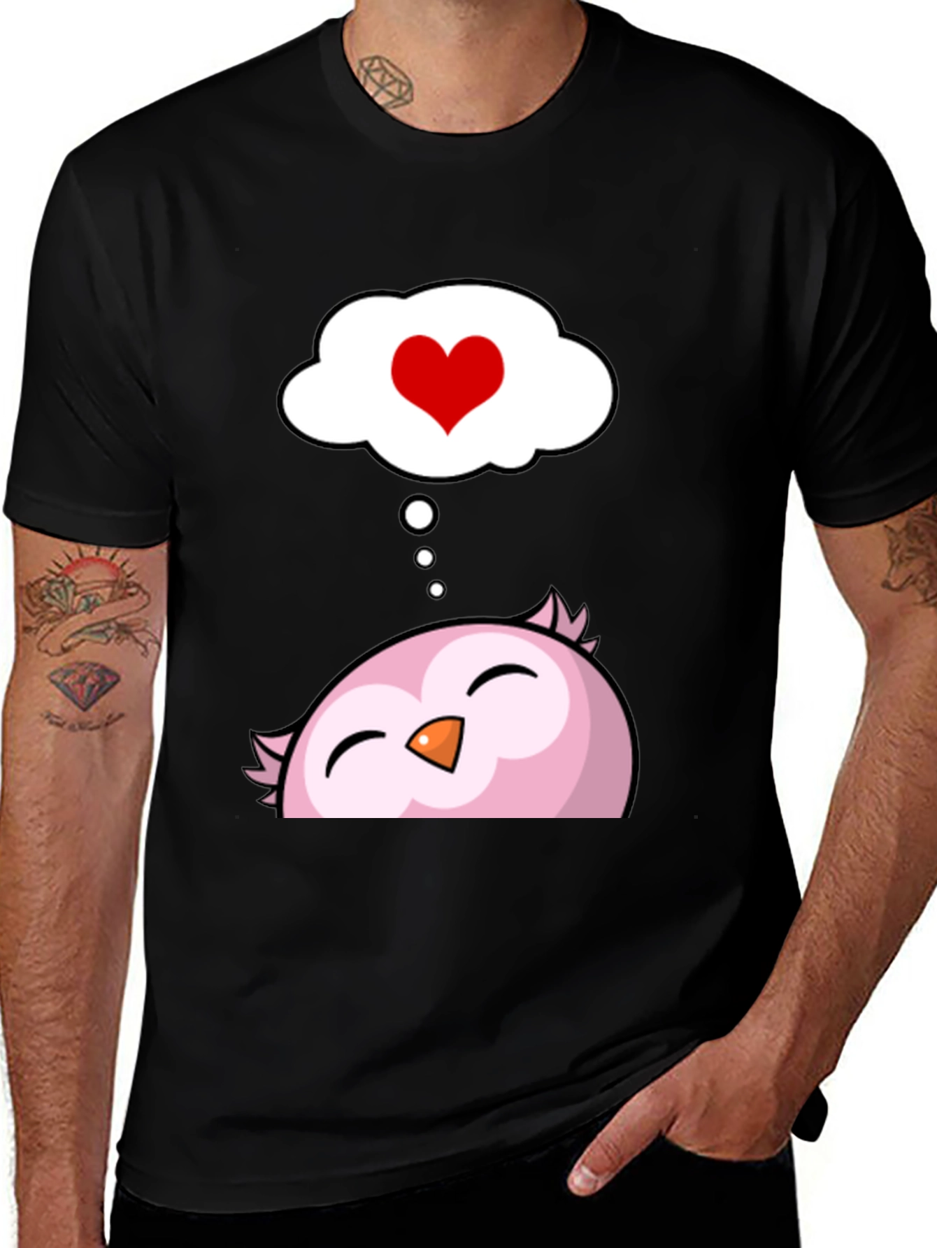 Black Cute Owl in Love Men's Black T-Shirt main image