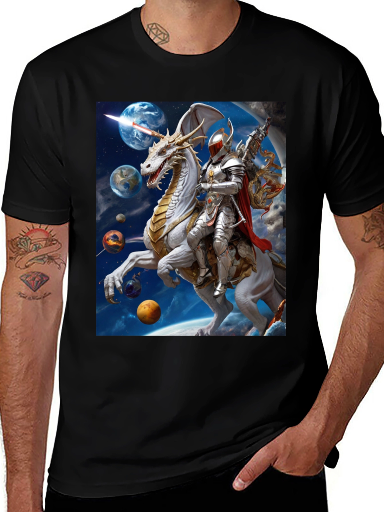 Knight Riding Dragon in Space T-Shirt