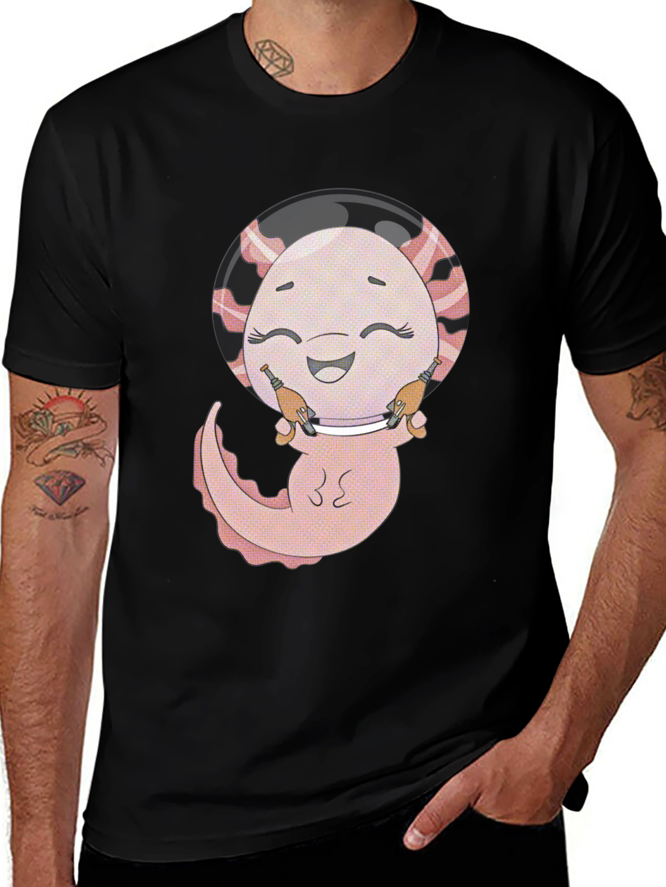 Variant 21 of Cute Axolotl Astronaut Graphic Tee - Black Cotton Blend